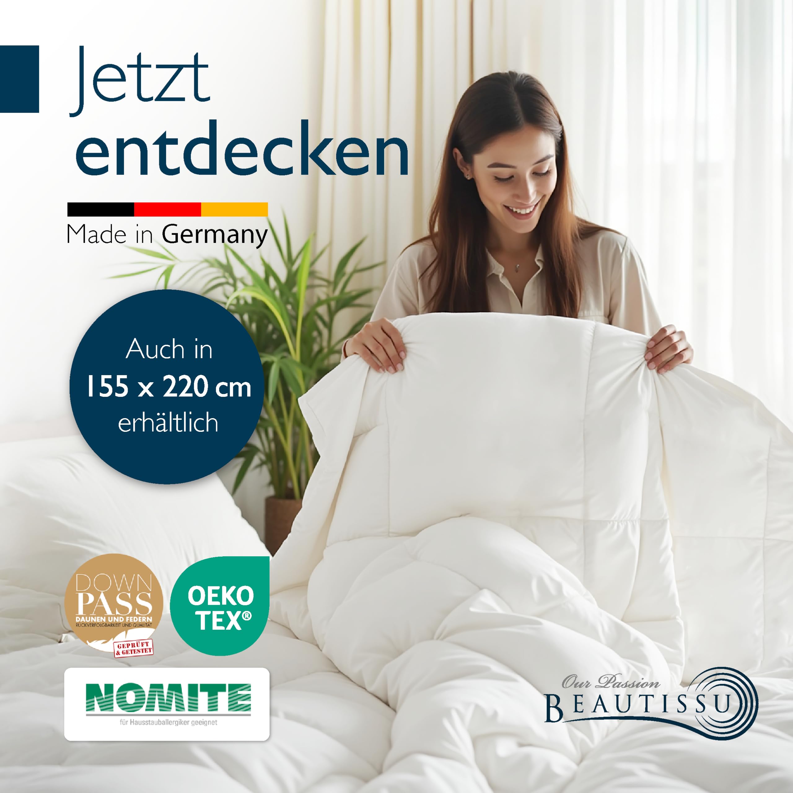 Beautissu Daunendecke Winter Ganzjahresbettdecke 90% Daunen | 135x200 Downpass Nomite Baumwollbezug 4 Jahreszeiten Federbettdecke waschbar Bettdecke Winterbettdecke warm Premium