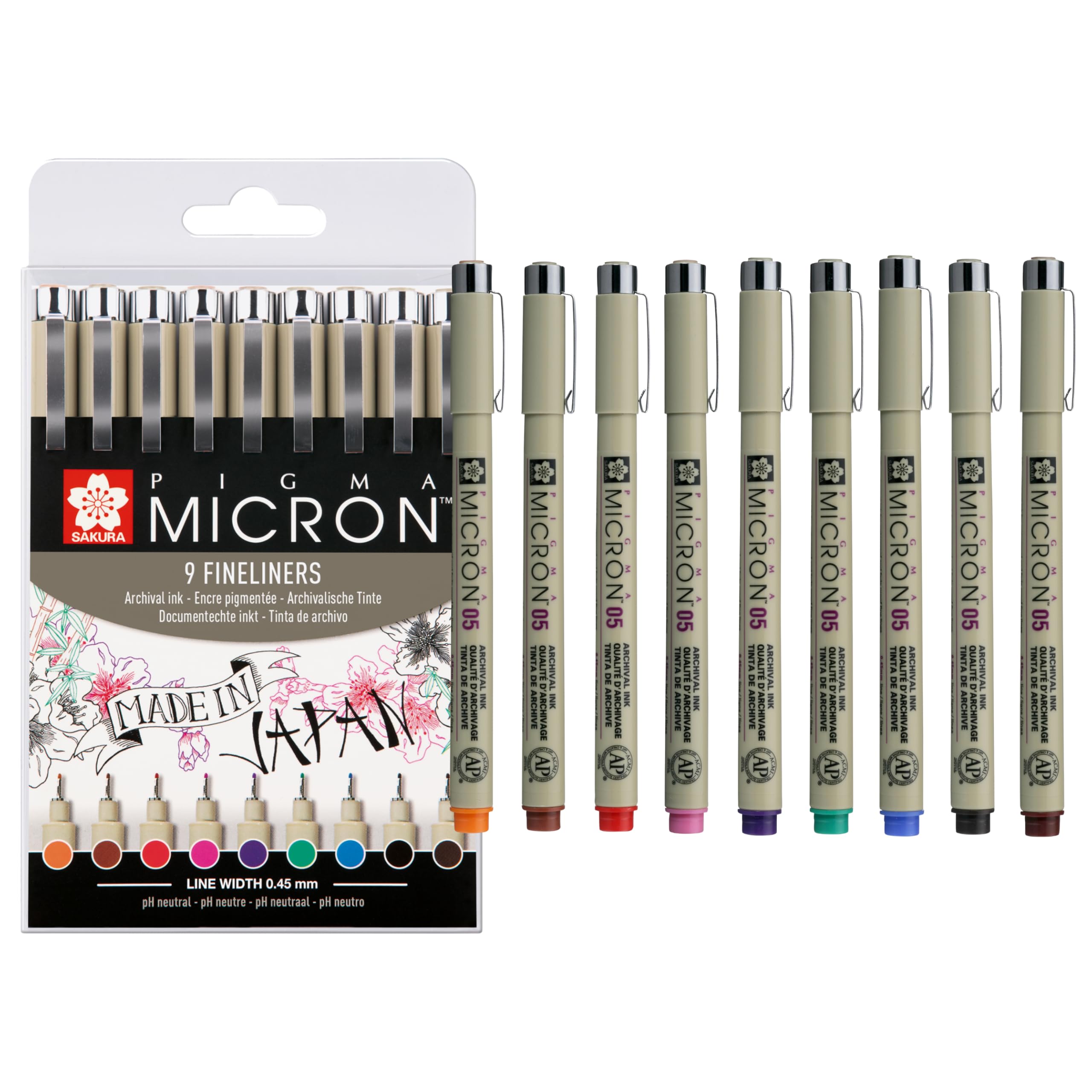 Pigma Micron 05 Fineliner Set of 9 Colors | Waterproof Ink, Size 05 (0.45 mm) | Pens for Writing, Drawing & Journaling