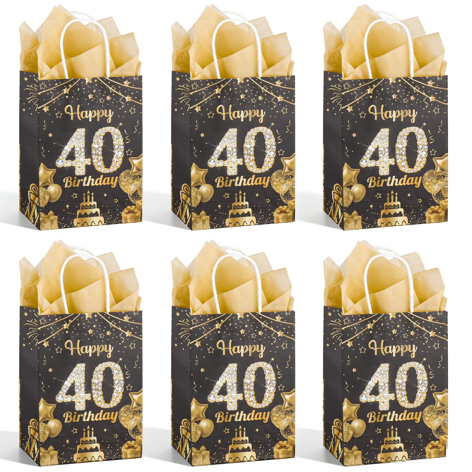 6pcs 40th Birthday Gift Bag, Black Gold Happy 40th Birthday Paper Gift Bag with Handles Tissue Paper, Reusable Party Present Bag for 40 Year Old Boys Girls, 20x15.7x9cm — image 1