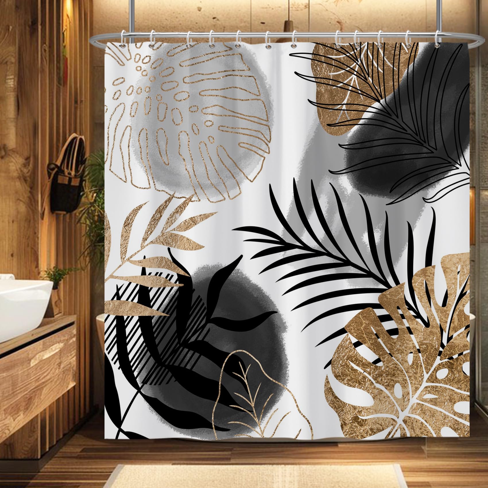 Rideau De Douche Bohème 152x183cm Imperméable - Plantes Tropicales Abstrait Milieu Du Siècle Avec Crochets