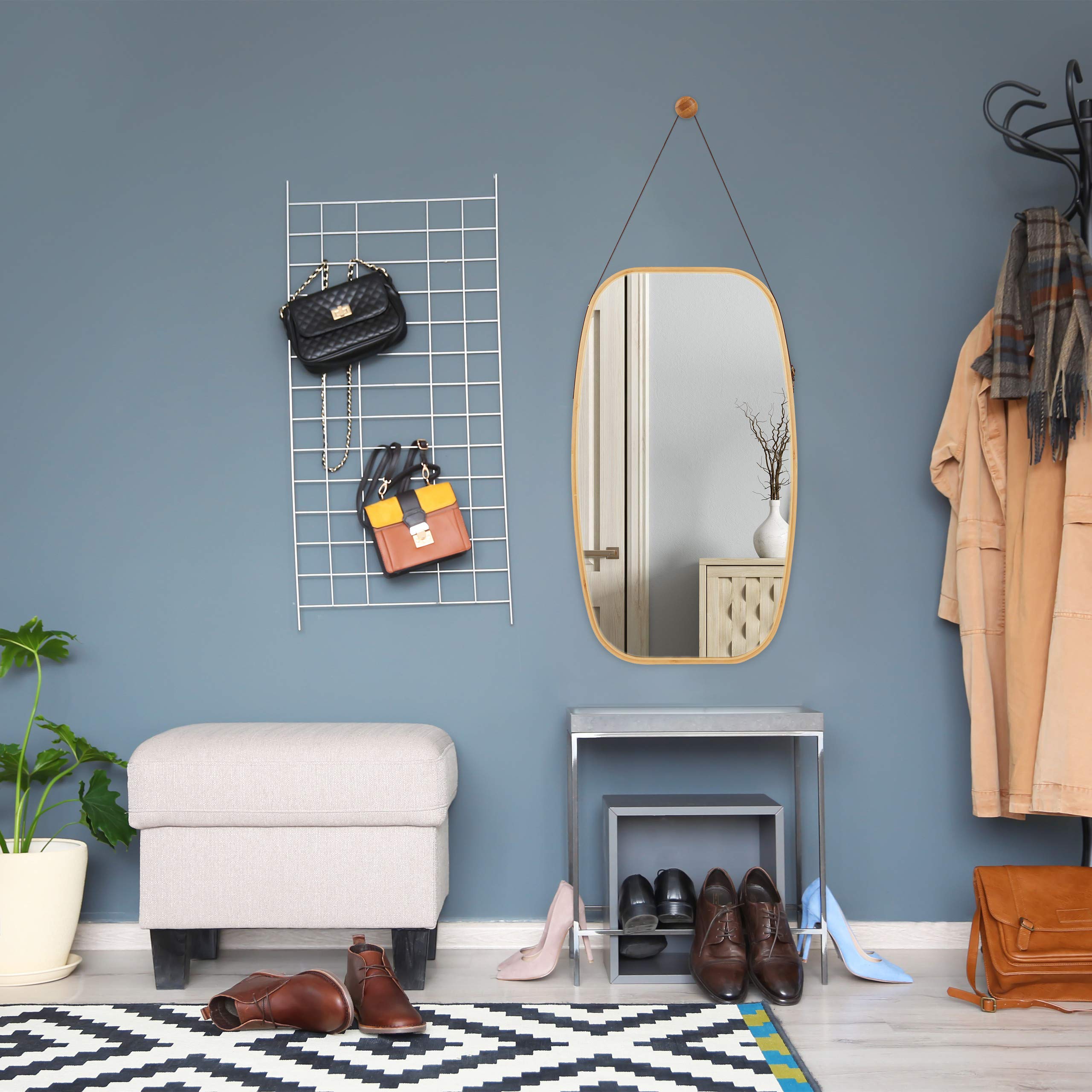 Relaxdays Espejo Colgante, Marco de bambú, Correa Ajustable, Oval, Moderno, Pasillo & Dormitorio, Marrón