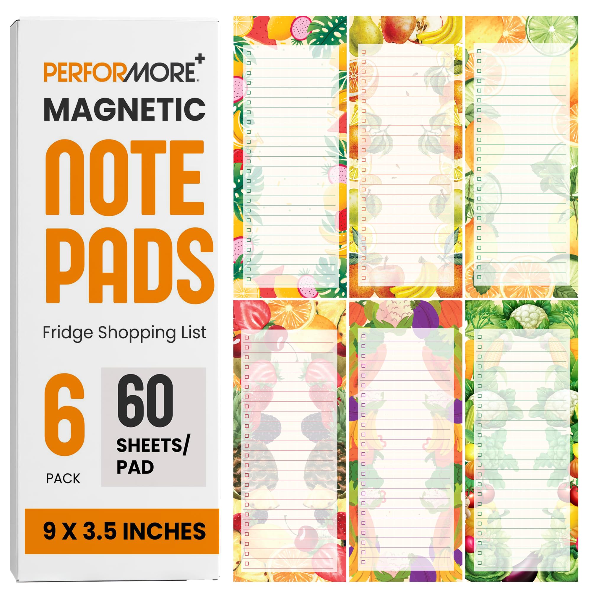 Performore Magnetic Grocery List Notepad for Fridge, 6-Pack, 60 Sheets Each, 3.5 x 9 in – Full Magnet Back Notepads for Refrigerator, Shopping List,