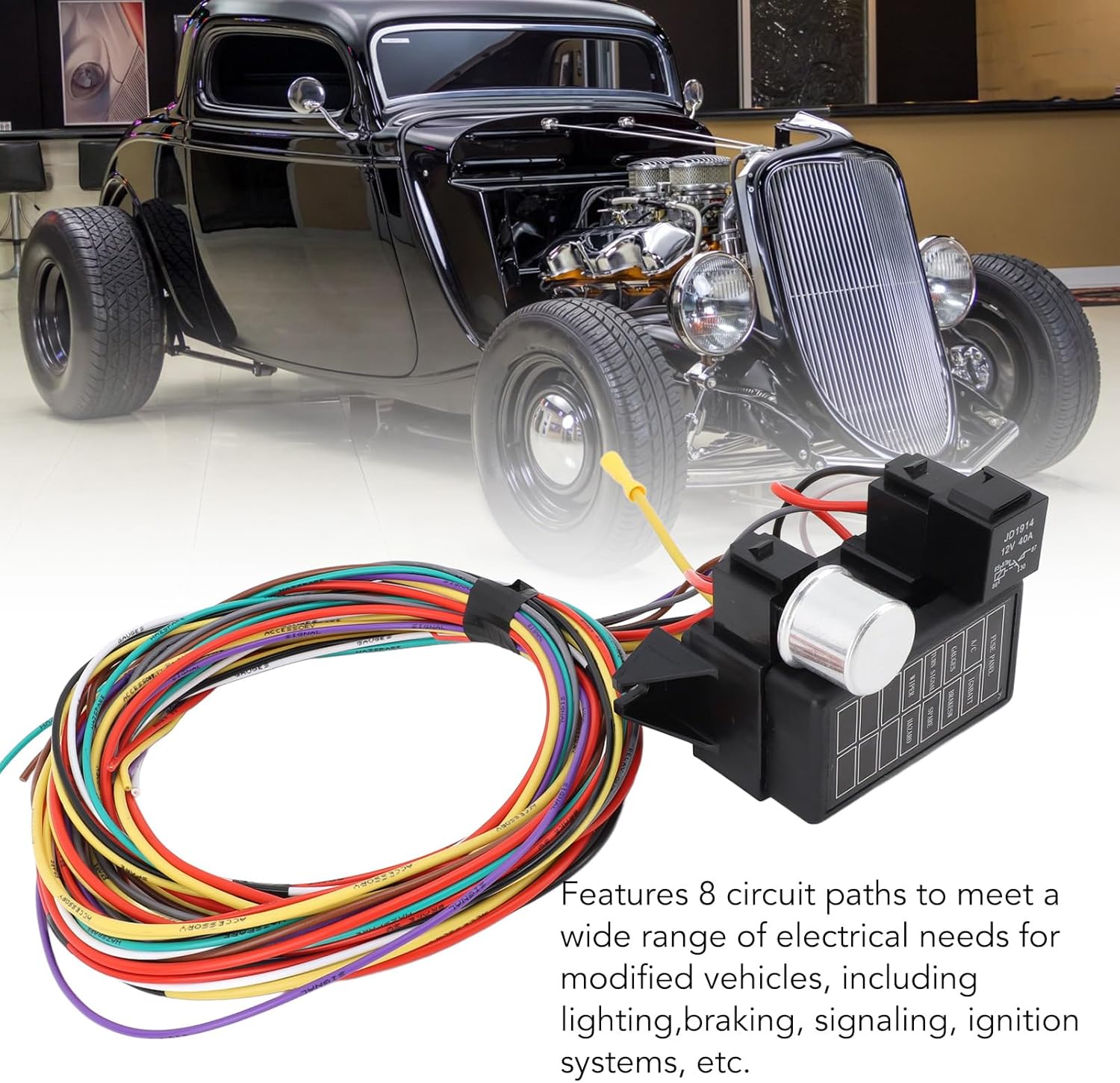 AMAKO 8 circuit universal wire harness kit for motorcycle and car with copper terminals and fuse box - abs material - fits rat rods, sand cars, classic cars and hot rods - includes