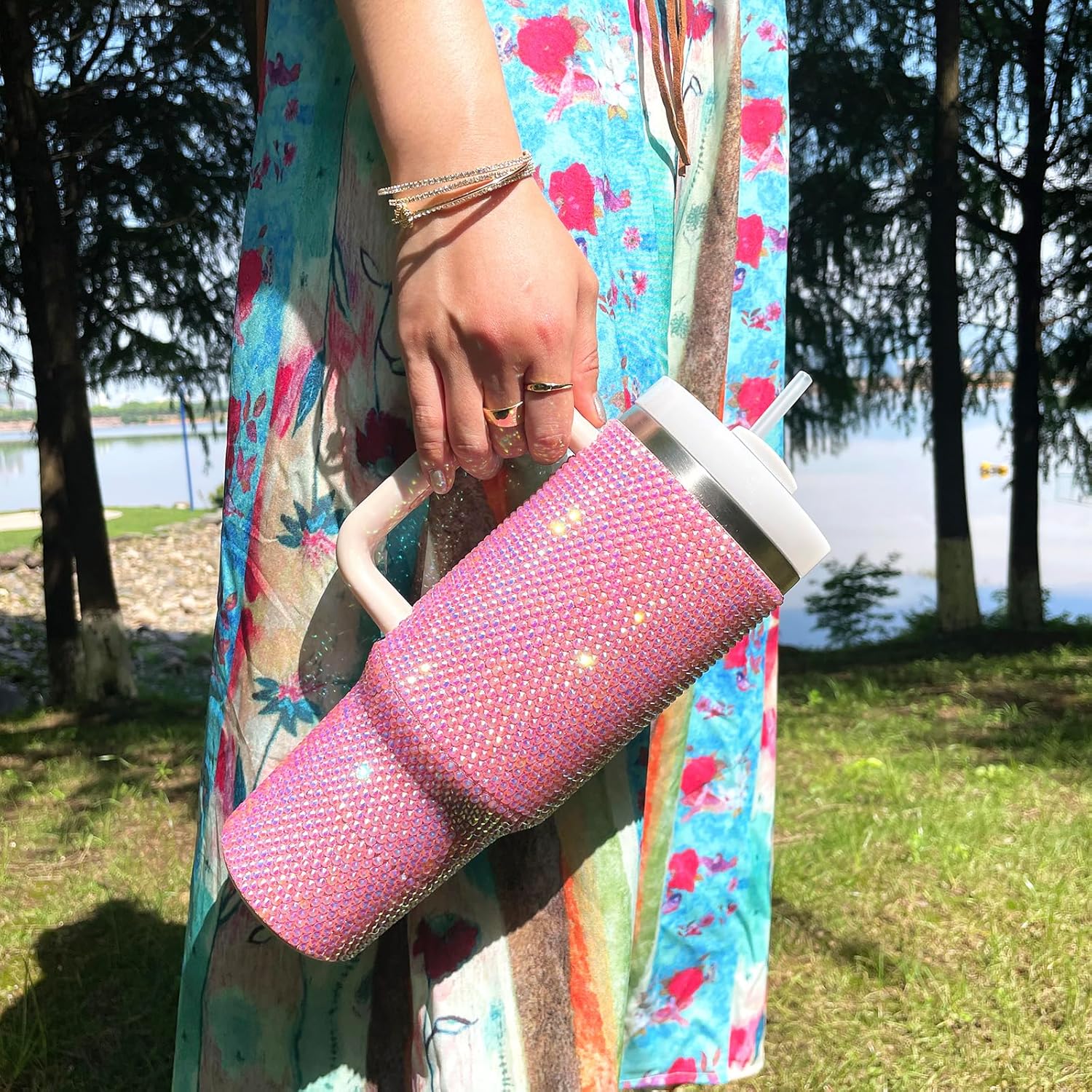 40oz Bling Tumbler with Handle and Straw Lid Rhinestone Studded Tumbler Cups Vacuum Insulated Stainless Steel Double Wall Water Bottle Travel Mug Gifts for Women Her (Light Rose) - Image 6