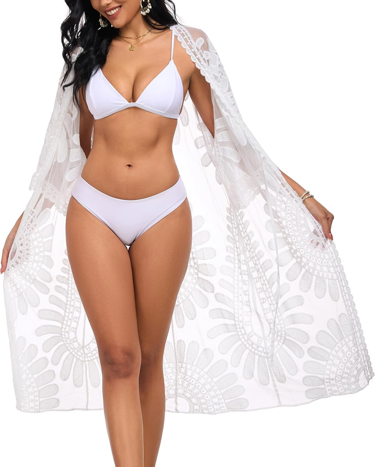 CHICGAL Womens Swimsuit Coverup Lace Bathing Suit Cover Up Beach Kimonos Long Cardigan Open Front Swimwear - Image 8