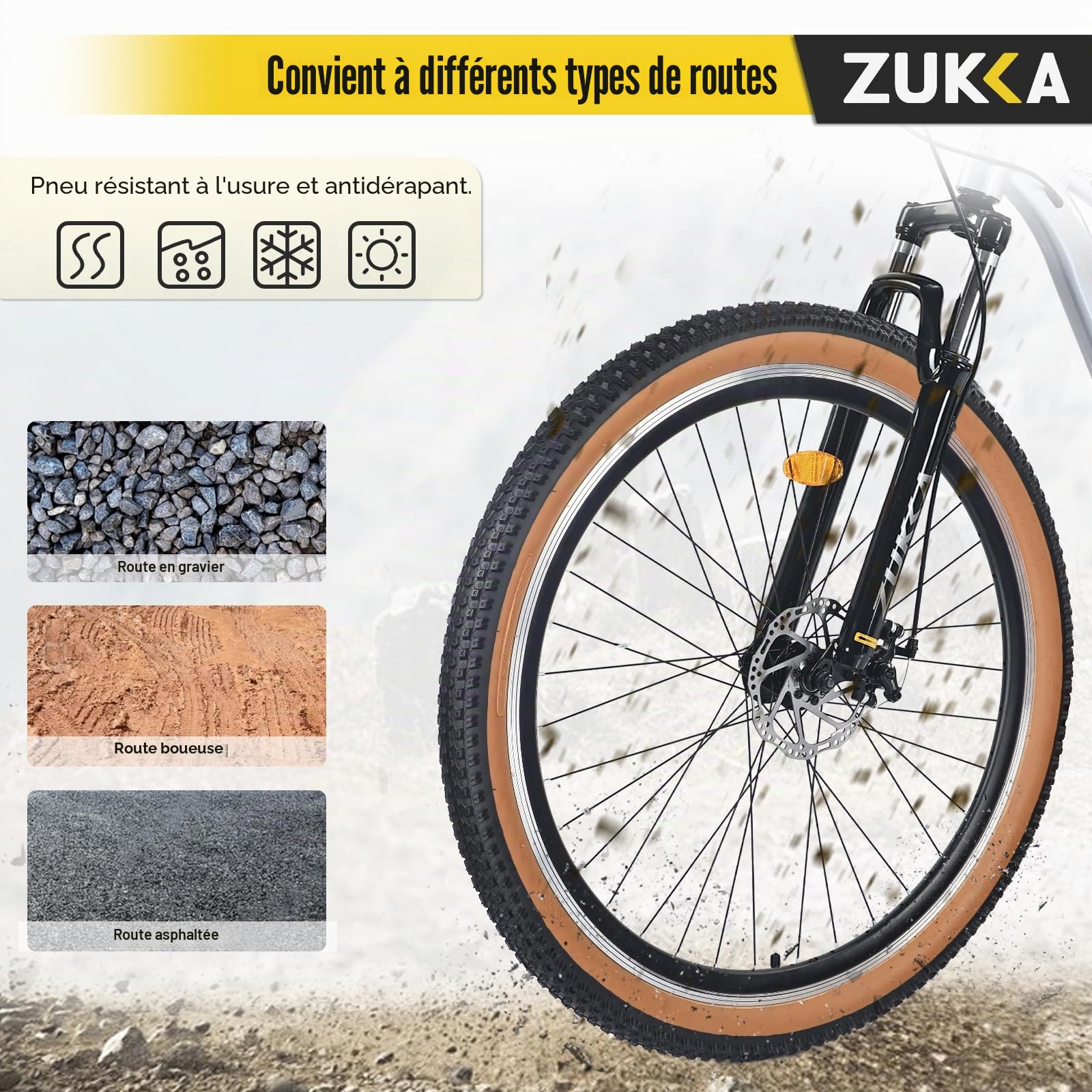 ZUKKA Lot de 2 pneus de vélo de montagne pliables 24/26/27,5/29 x 2,125 pour VTT, enfants, marron