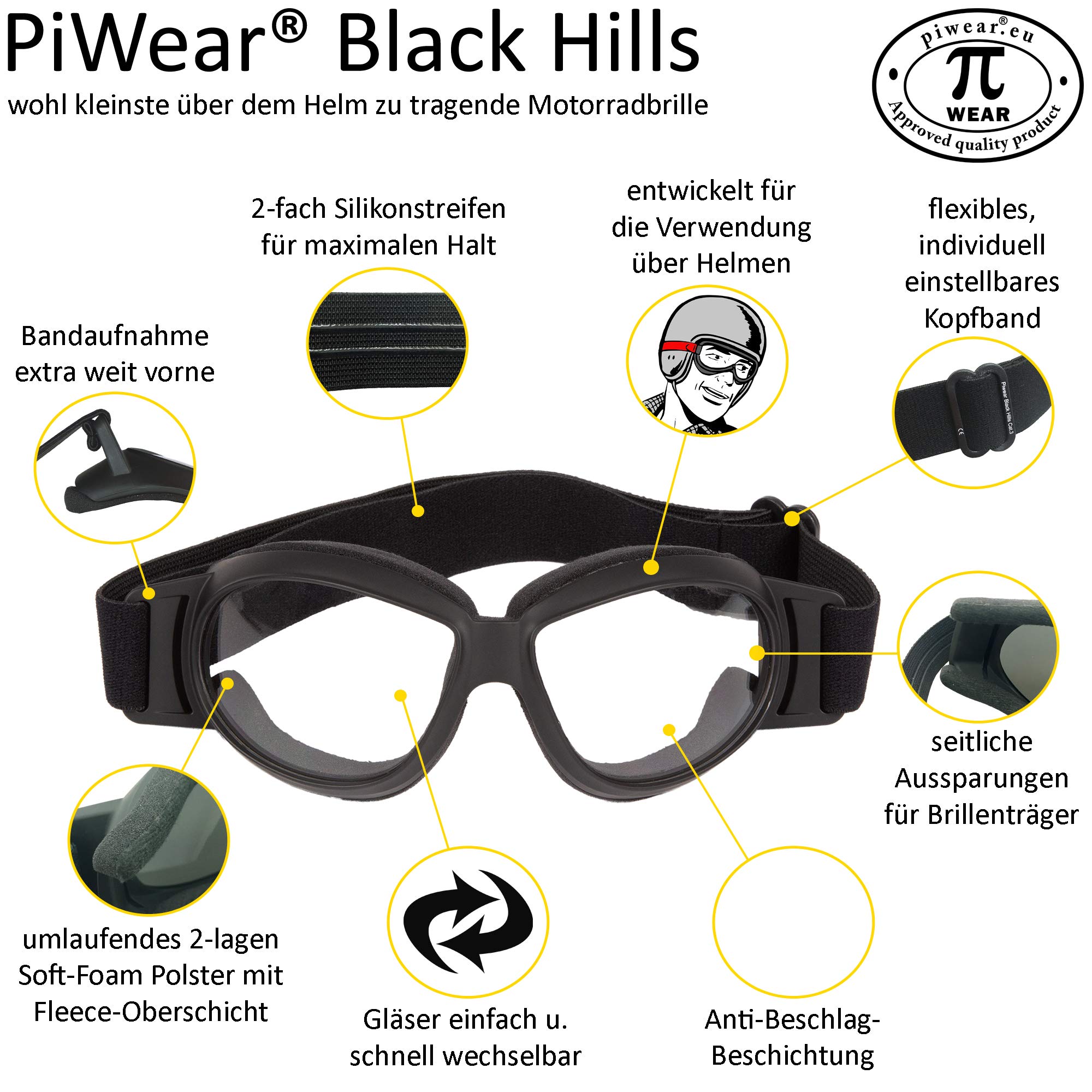 PiWear® Black Hills kleine Motorradbrille selbsttönend über Helm winddicht rutschfest gepolstert beschlagfrei klar