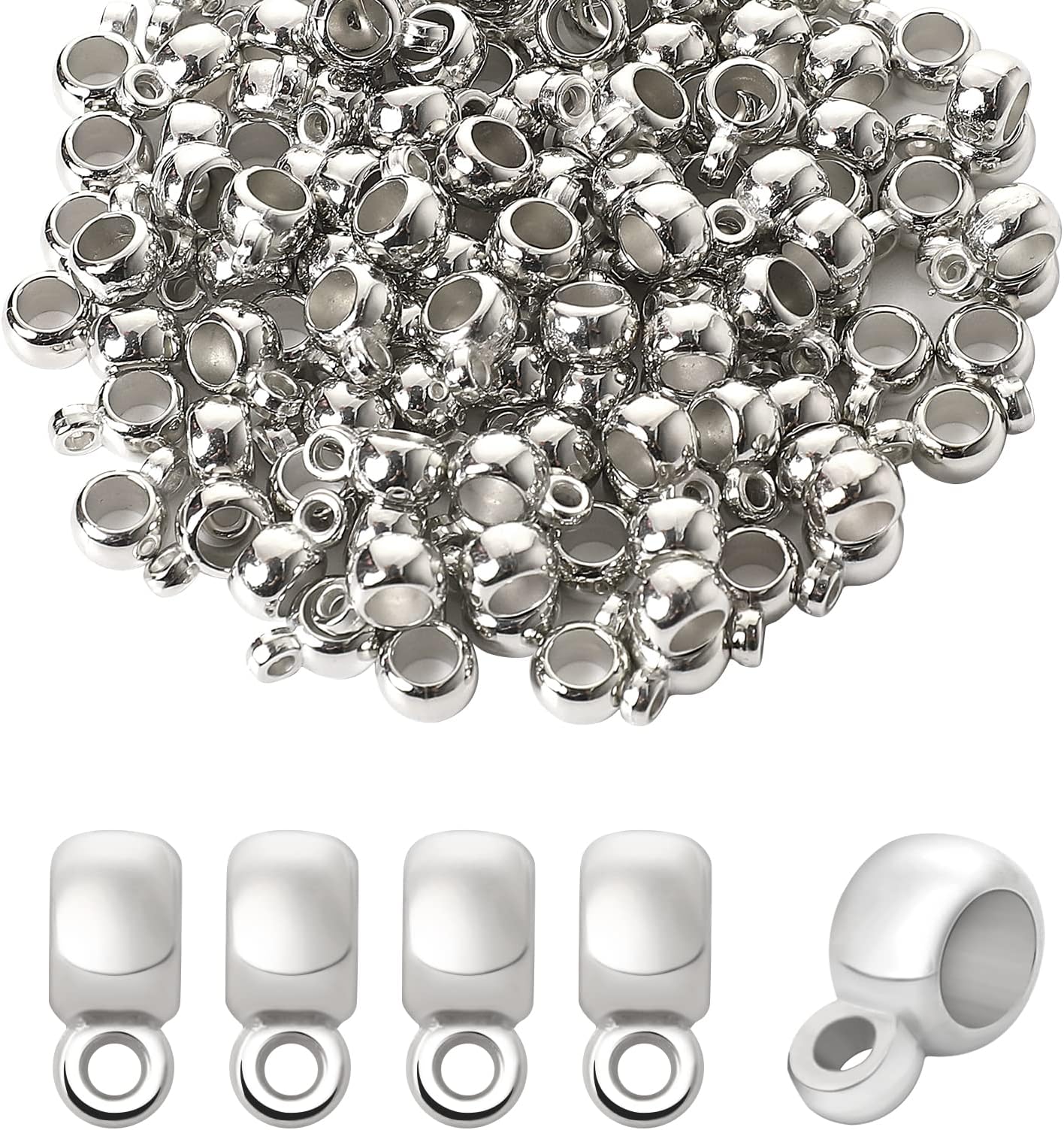 300 PCS Bail Tube Beads Charms Column Spacer Beads Links Bail Beads Connector Tube Charm ABS Beads Charm Hanger Connector Links for Bracelet Necklace Earring Jewelry DIY Making Supplies, Silver