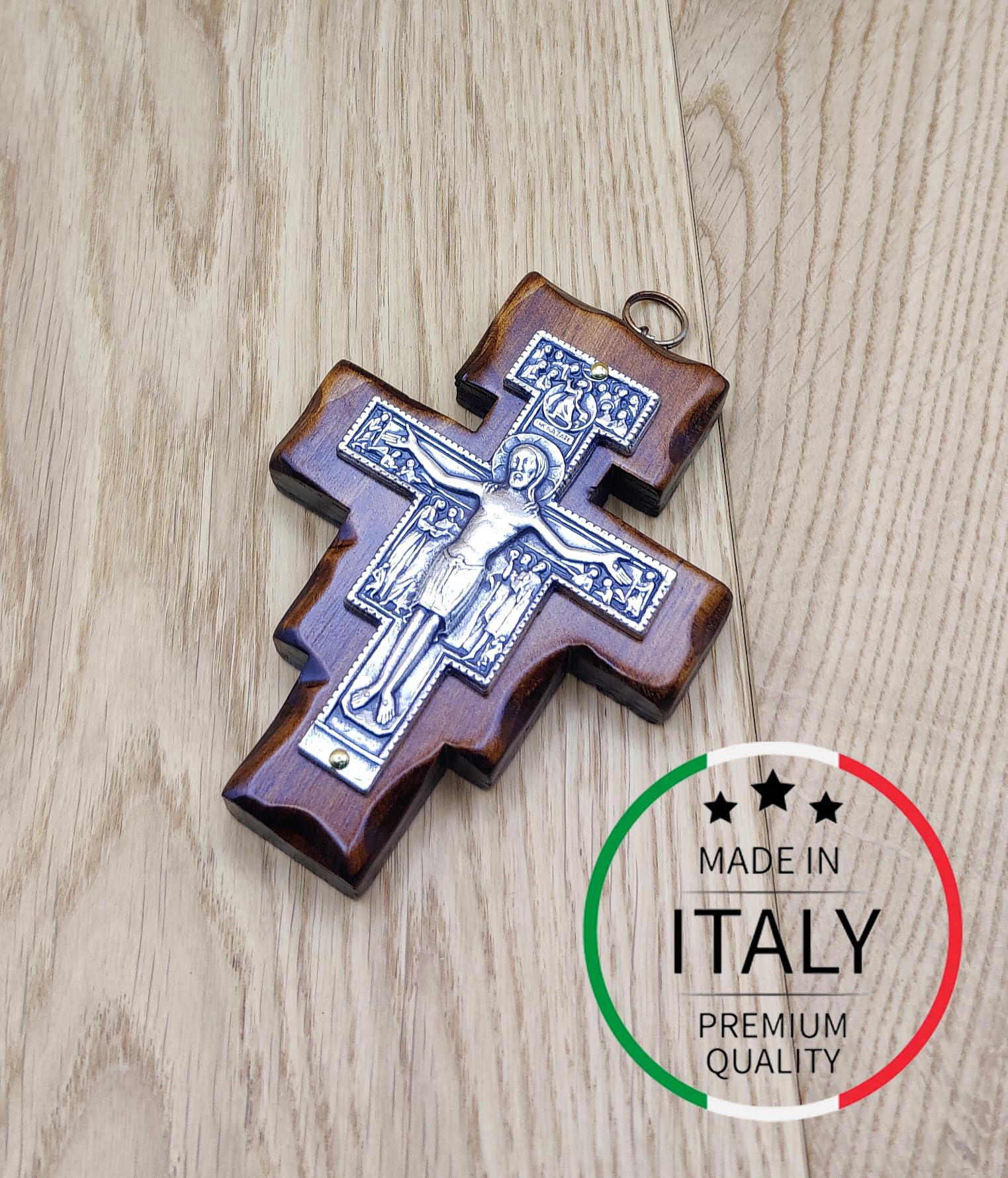 Crocifisso da Parete - Croce San Damiano - Artigianale Made in Italy Cristo e INRI Placcati Argento 999 - Crocifissi da Parete in Legno, Cura e Precisione dei dettagli di Gesù Crocifisso - 10,7X8cm