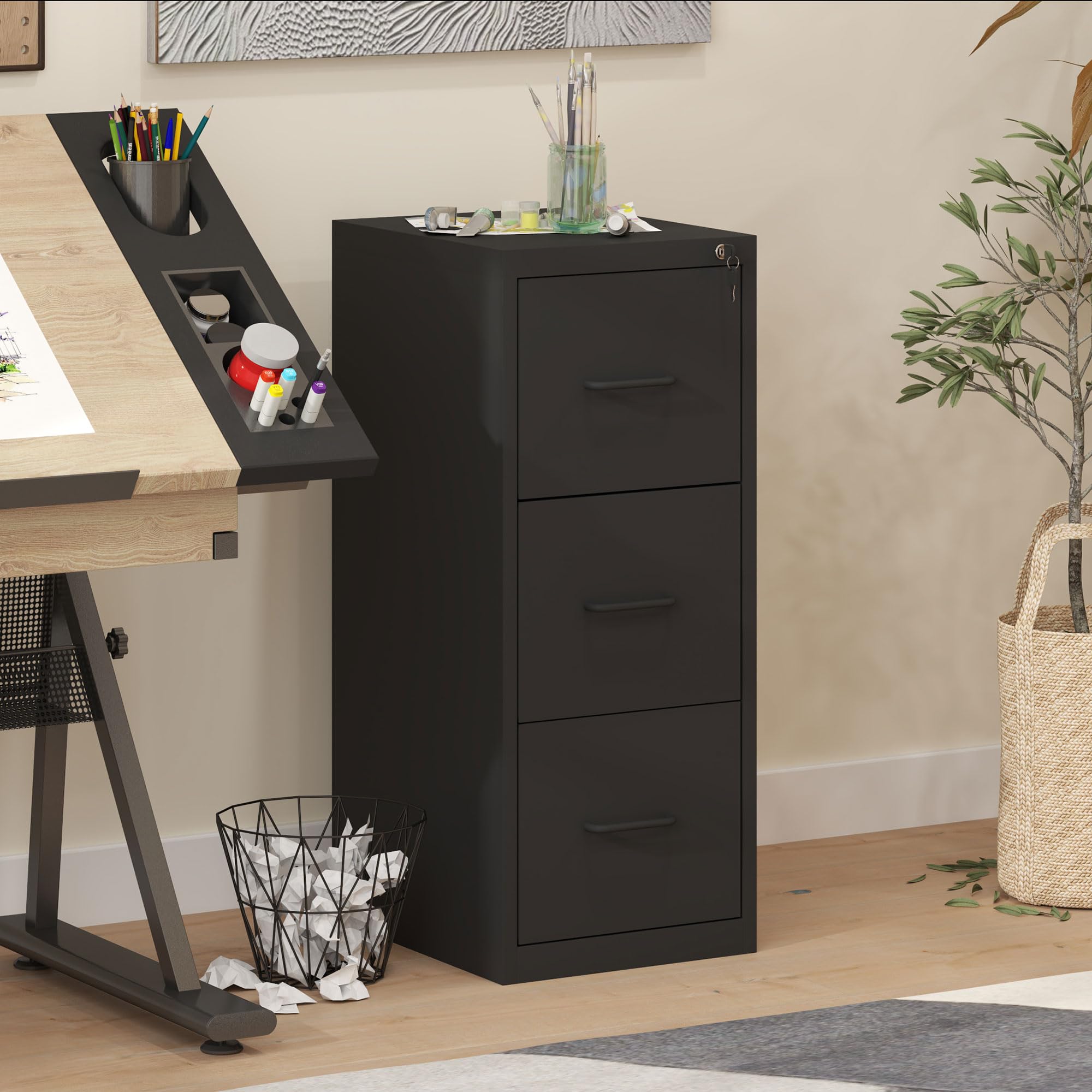 HOMCOM Schedario da Ufficio a 3 Cassetti con Barra Regolabile, Cassettiera in Acciaio per Documenti, Perfetto per Ufficio, Casa e Studio, 36.5x46.2x99 cm, Nero
