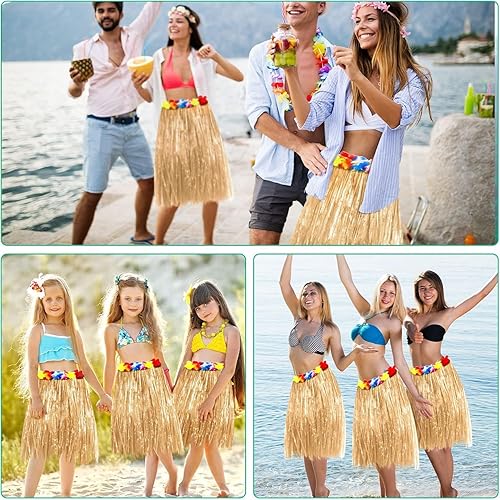 Miniatura 6 de Faldas de hierba de rafia natural, 4 piezas, flores tropicales, Luau Hula decoraciones para adultos, mujeres y hombres, hawaianas