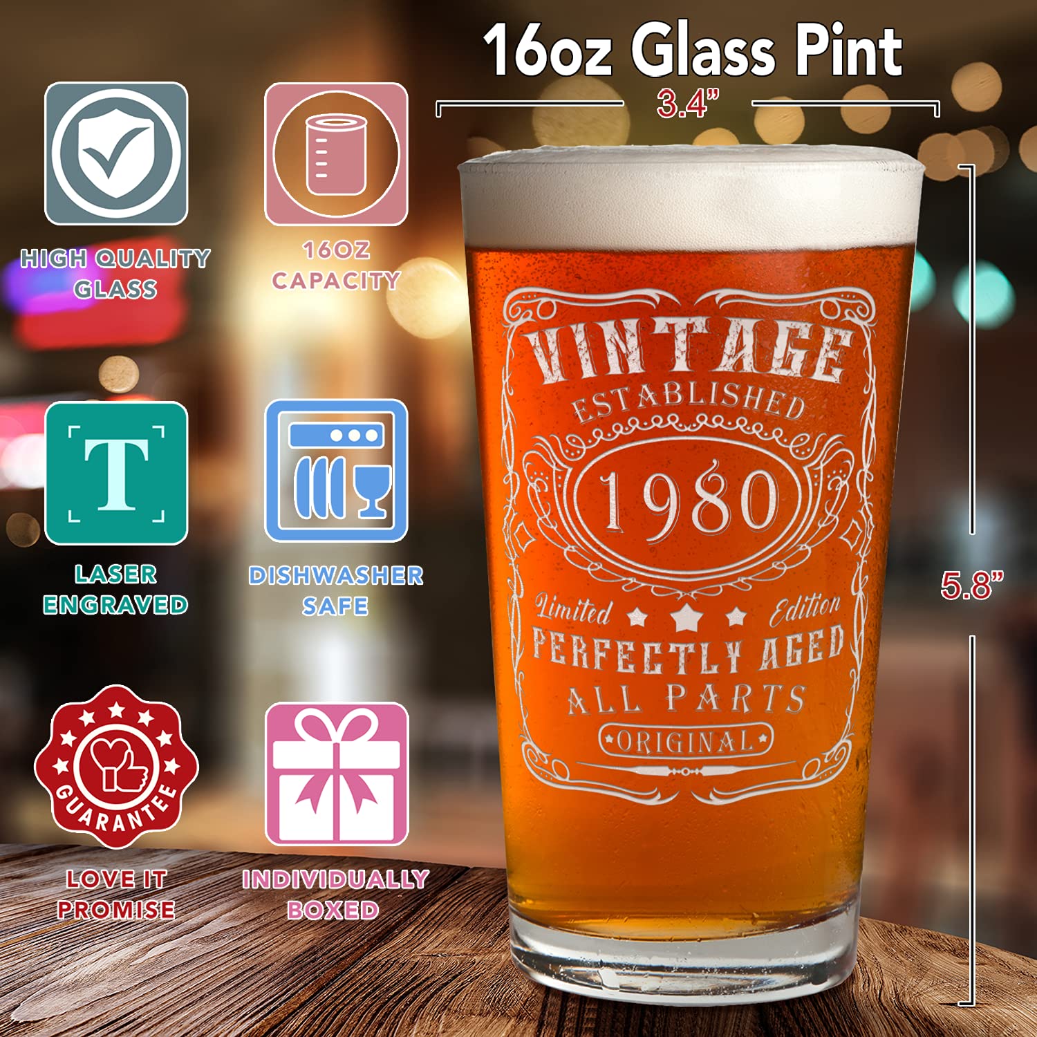 Cuptify 44th Birthday Gift Perfectly Aged 44 Years Old Established 1980 Vintage Etched 16 oz Beer Pint Drinking Glasses For Men