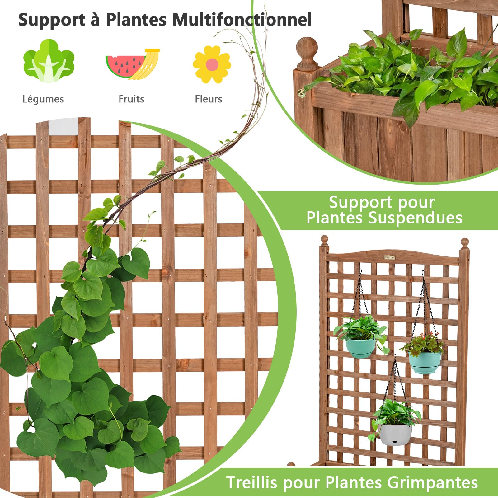 RELAX4LIFE Jardinière Treillis sur Roulette, Jardiniere Surélevée en Bois de Sapin pour Plantes Grimpantes, Bac à Fleurs avec Treillis, Résistant aux Intempéries pour Cour, Jardin, Balcon