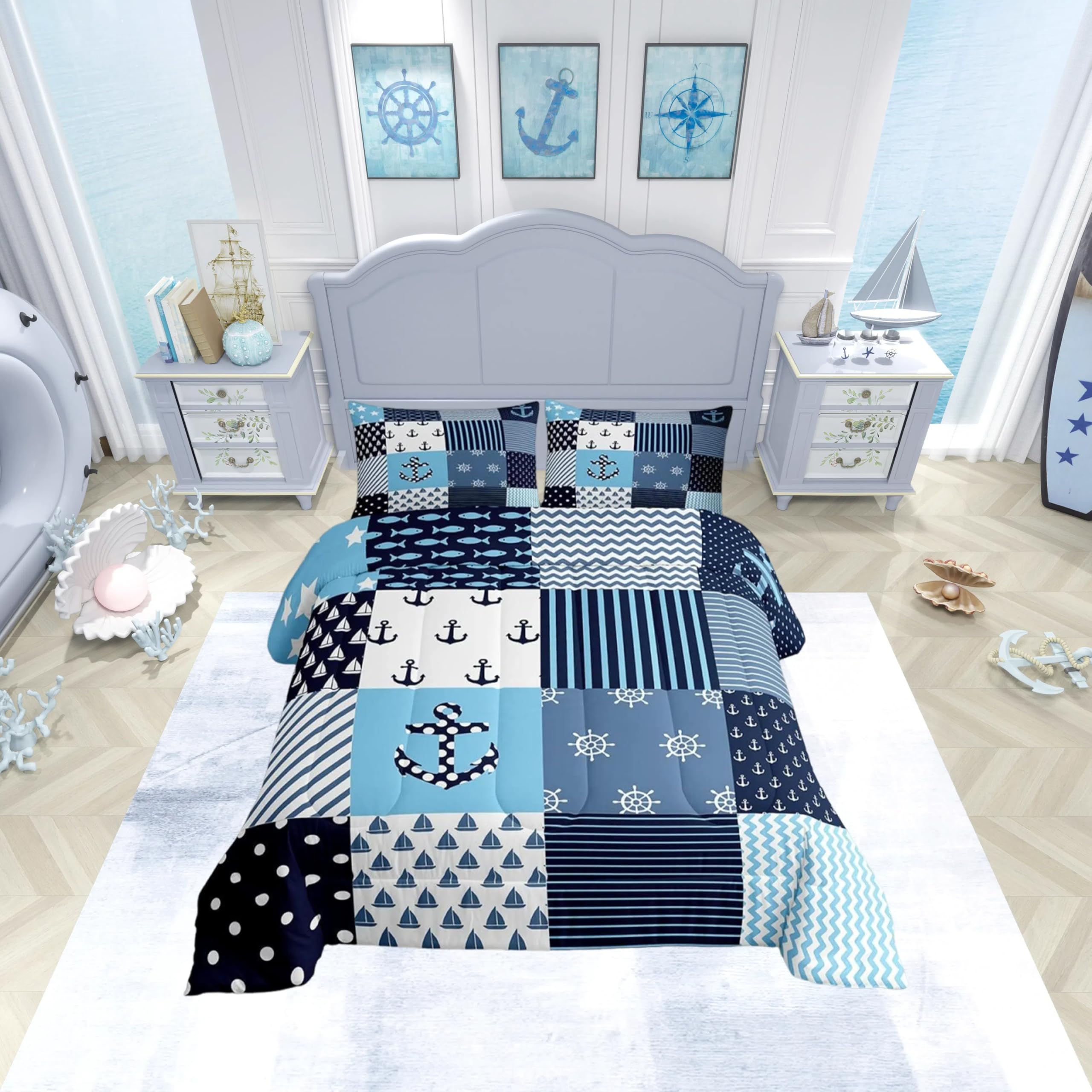 Loussiesd Nautical Duvet Insert navigation theme patchwork bedspread King Size anchor compass sailing ship for kids boy child 3pcs