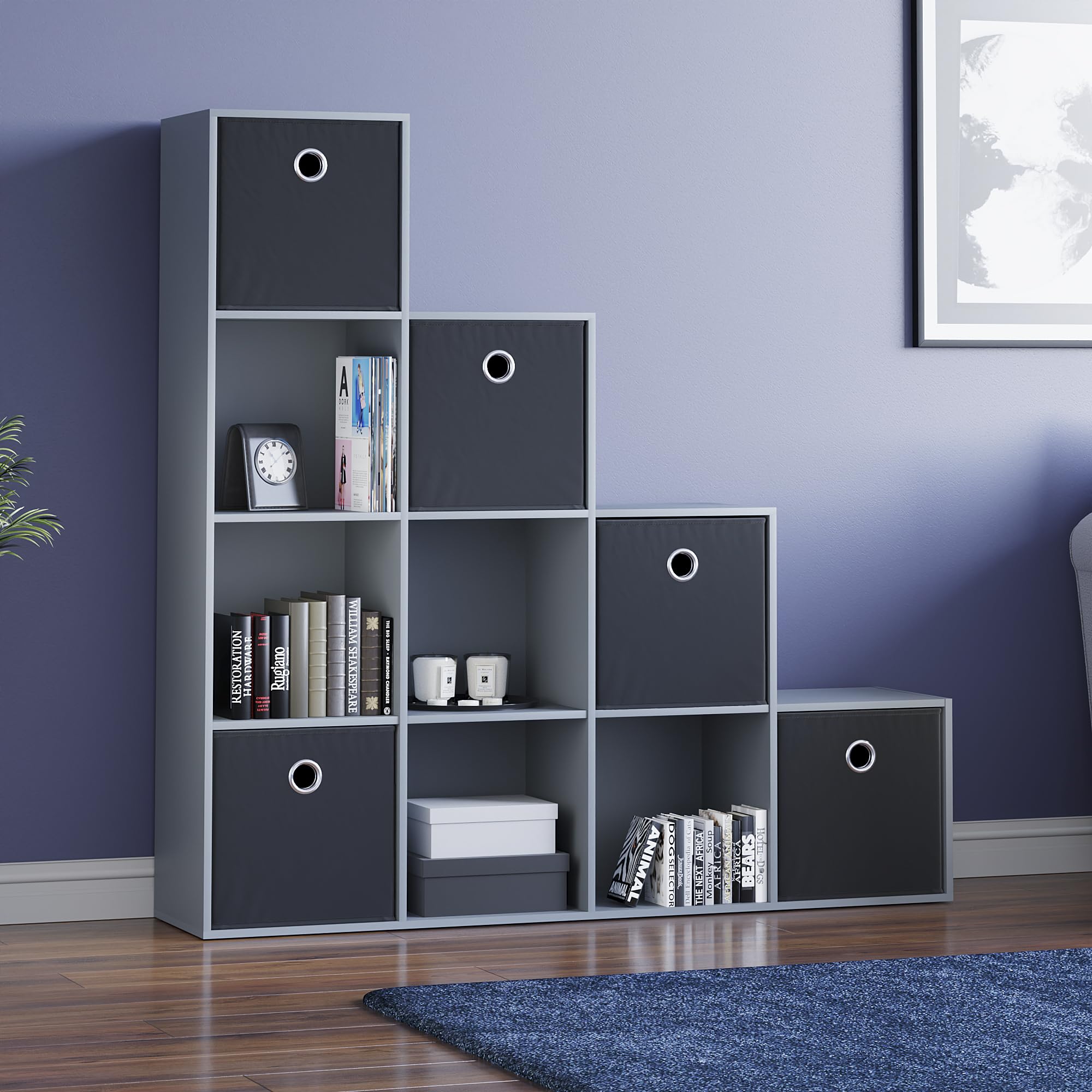 Vida Designs Durham Staircase Bookcase Shelves Storage Organiser Living Room Furniture (10 Cube & 5 Black Baskets, Grey)