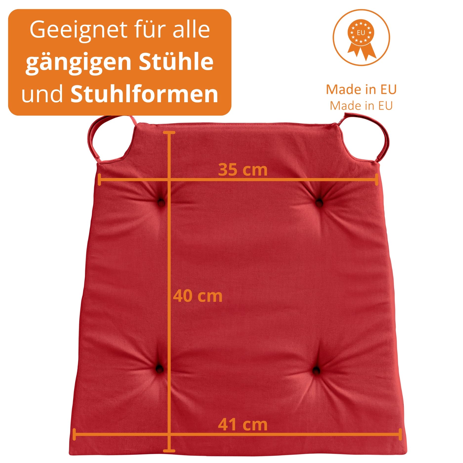 sleepling 4er Set Stuhlkissen, 42 (vorne) 35 (hinten) x40x5 cm, Sitzkissen für Stuhl & Bank mit Klettverschluss, Indoor & Outdoor, 100% Baumwolle, Made in EU, waschbar bis 30 Grad, Basic 10, Rot
