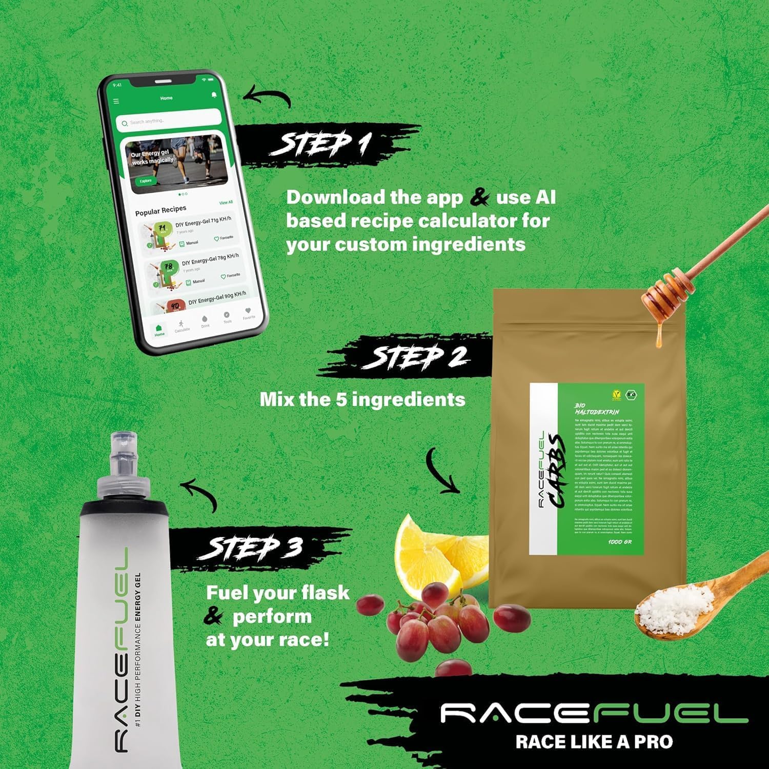 RaceFuel Energy Gel Kit zum Selbermachen für 84x32ml High-Performance Liquid Gel, 100% natürlich & veganes Energie-Gel, inkl. Rezeptrechner und 250ml faltbare Trinkflasche, Soft Flask, Gel for Energy