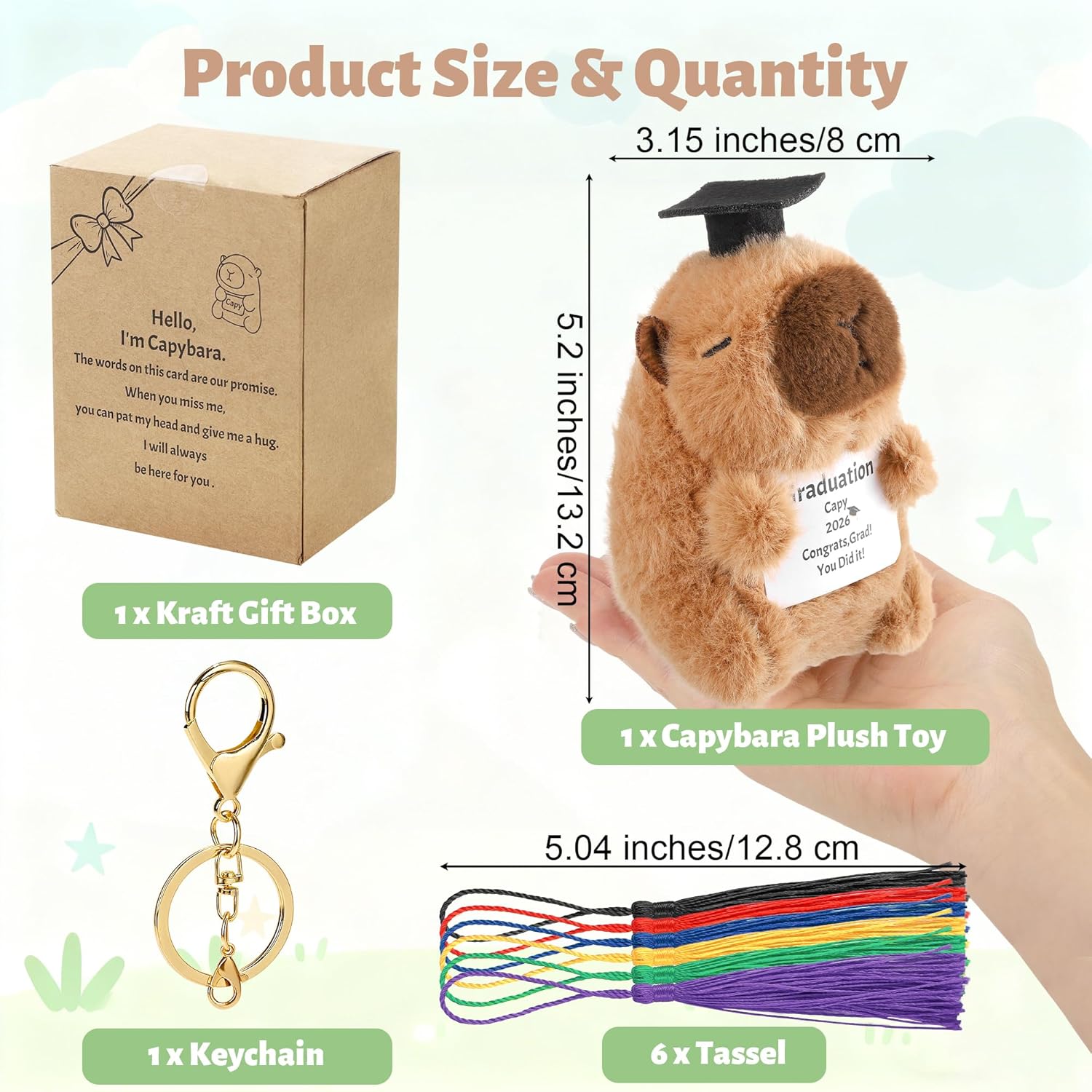 Graduation Decorations Capybara Gifts for Him Her Funny Handmade Grad Capybara Plush with Message Card High School College Graduation Stuff Plush Gifts with Cap & 6 Color Tassels