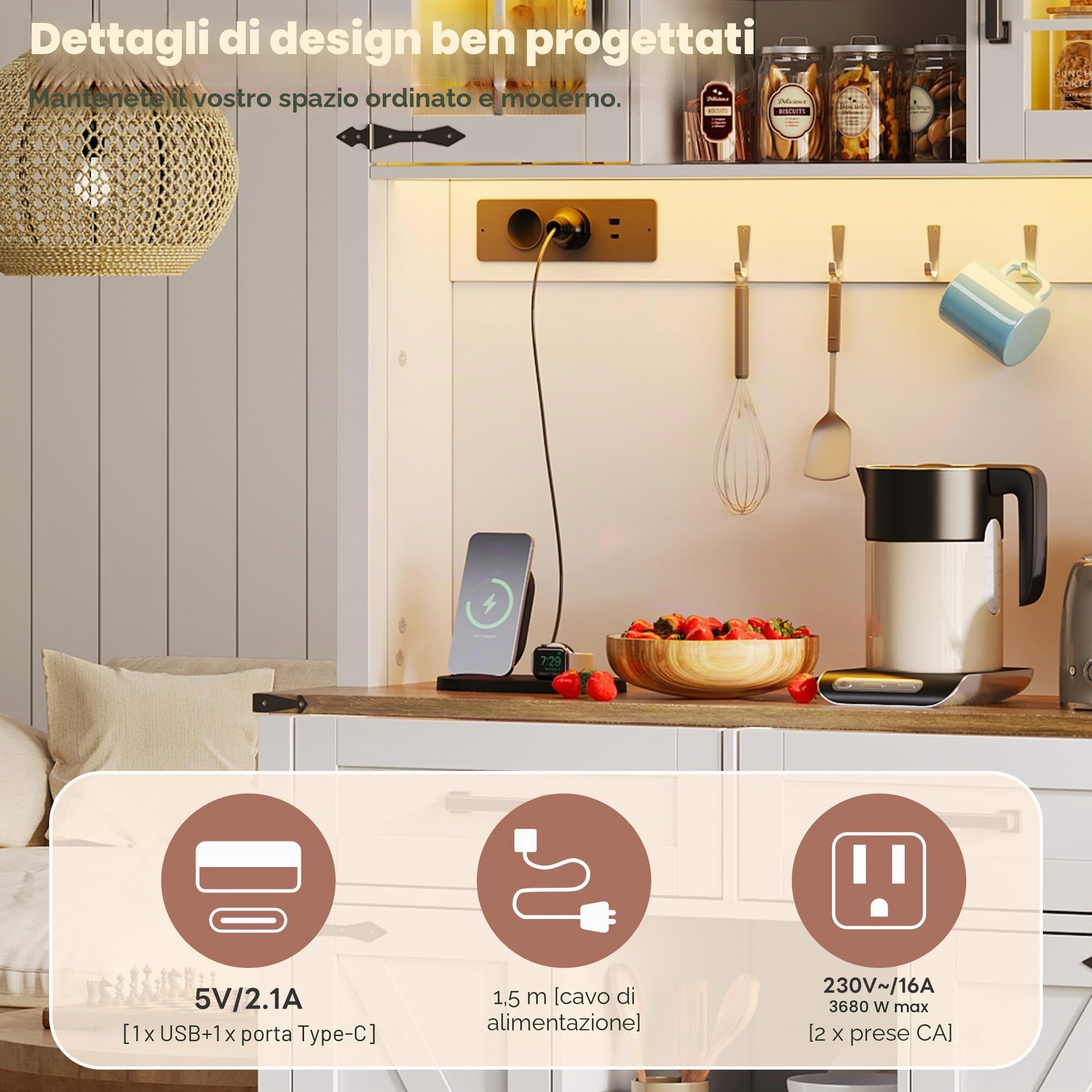Armadio da bar con illuminazione a LED e prese, grande armadio da cucina con 2 cassetti grandi, design porta fienile, ripiani regolabili, tavolino da caffè-bar (bianco-2)