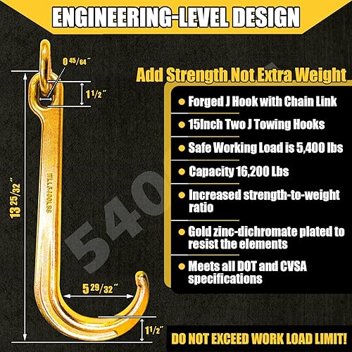 Miniatura 15 de Cadena de remolque tipo V de 3/8 pulgadas x 2 pies con ganchos en J de 15 pulgadas y ganchos de agarre, brida de cadena de remolque de acero G80