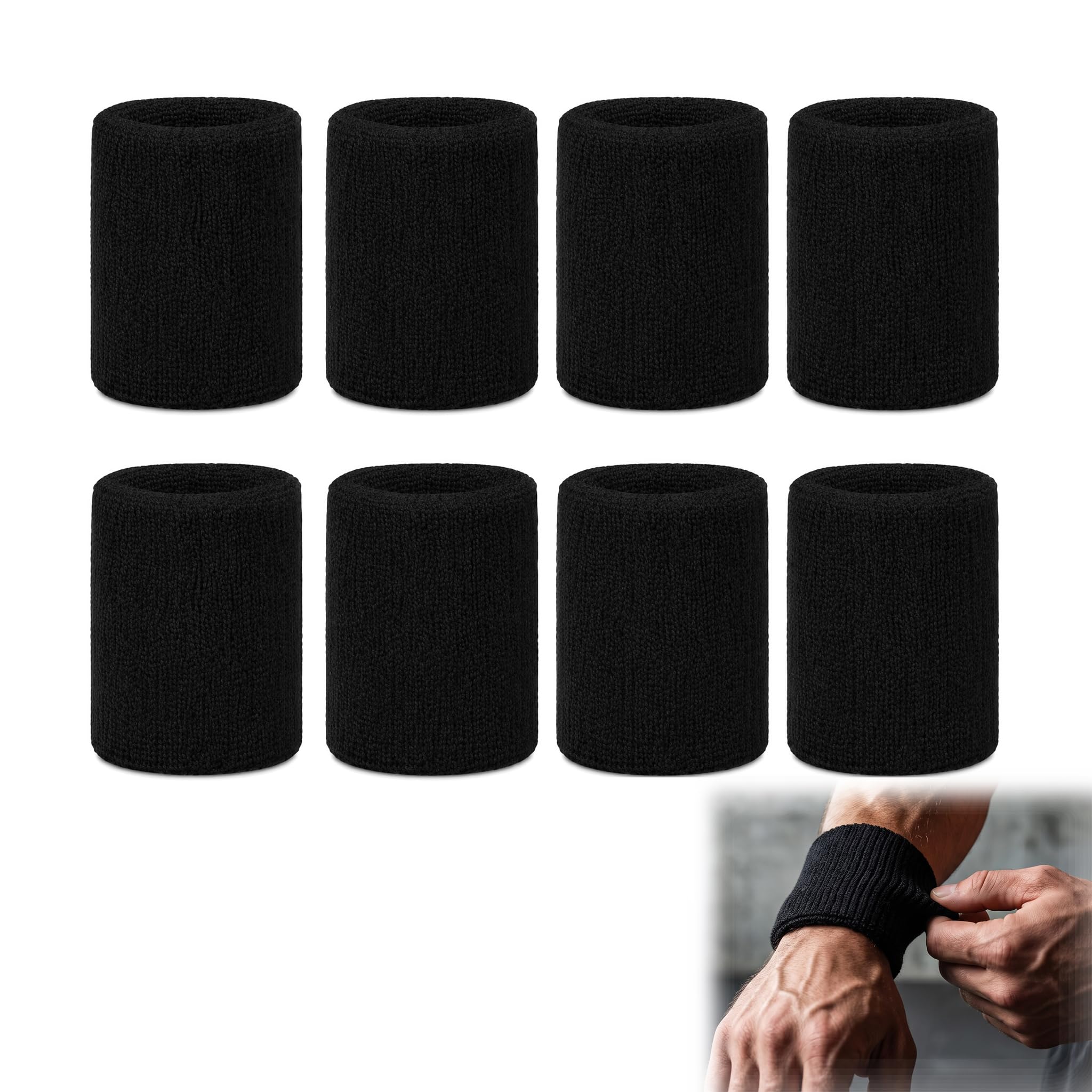 8 Pcs Sweat Bands, Protective Elastic Sports Wrist Sweat Bands Thicken Black Wristbands Gym Sweatband Bracelet Fitness for Men Women Running Gym Tennis Outdoor Sports
