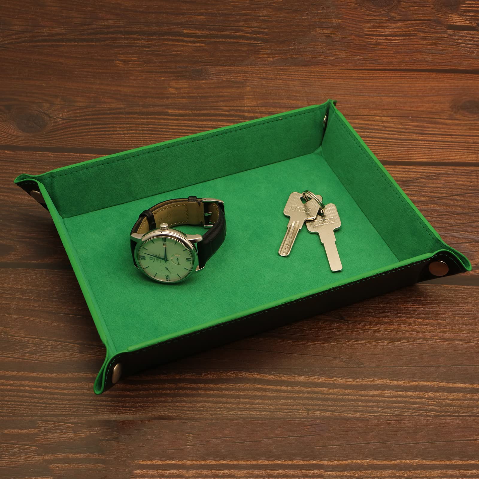 Organizador de valet – Bandeja para joyas, carteras, relojes, llaves, monedas, teléfonos, gafas, perfecto para mesita de noche, escritorio, entrada, 10.6 x 8.3 x 1.6 pulgadas, piel sintética