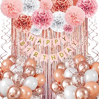 Decoraciones de cumpleaños de oro rosa para mujeres y niñas, pancarta de feliz cumpleaños, cortinas con flecos, globos, pompones de papel de seda, decoración de fiesta de cumpleaños
