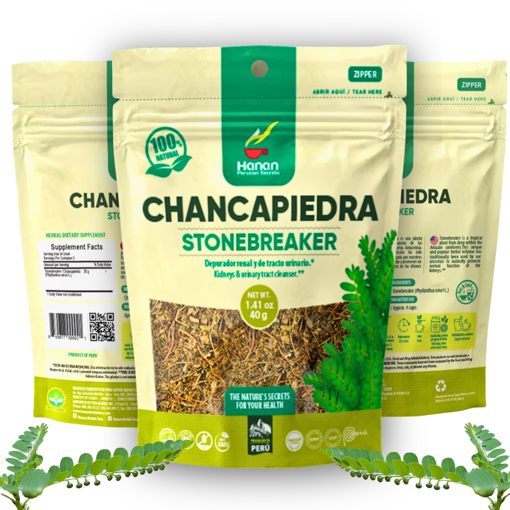 Hanan Chanca Piedra Loose Leaf Herbal Tea 4.2oz 120g of Stone Breaker 40 Grams Each of All-Natural Chancapiedra Plant Leaves and Stems Grown in Peru - Pack of 3