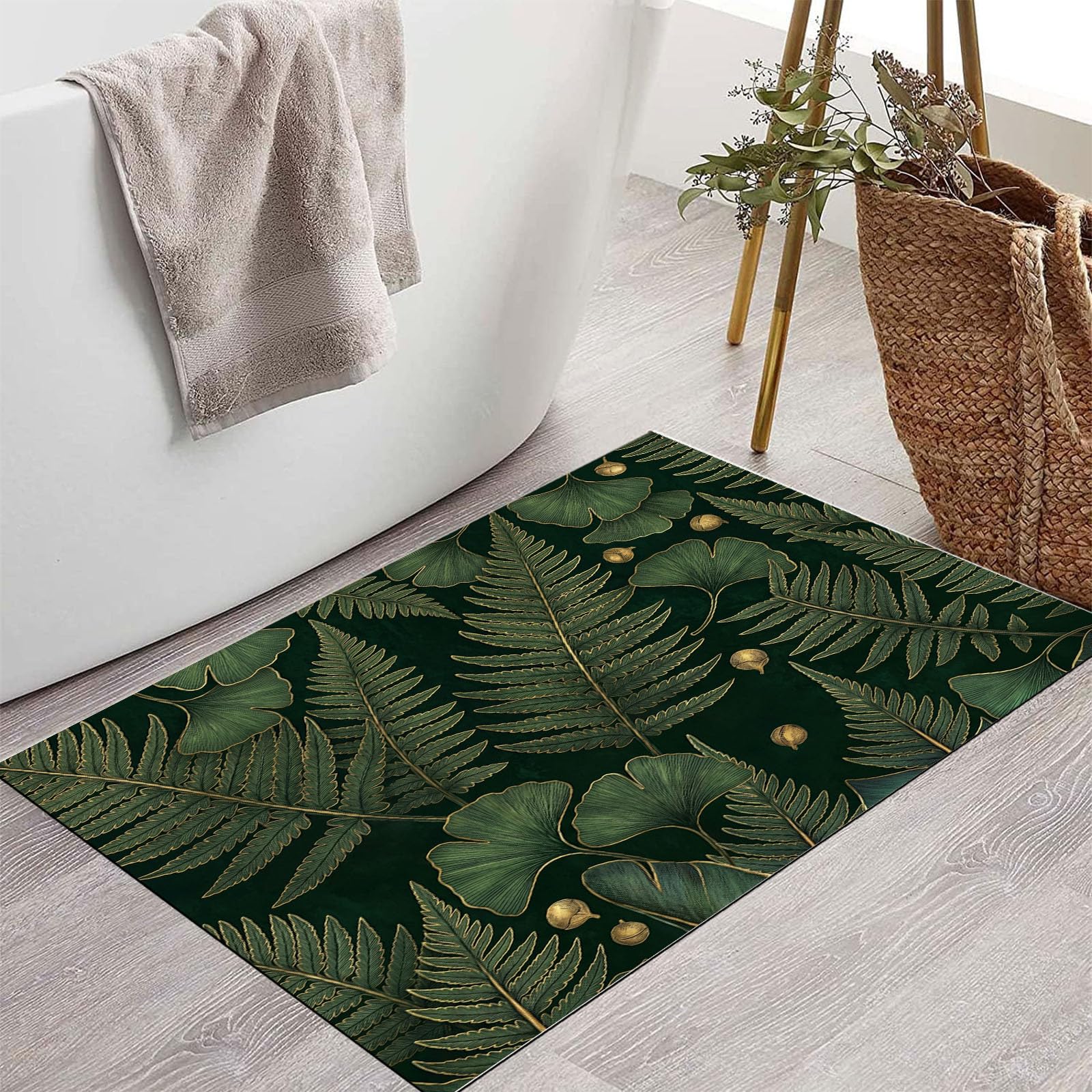 Felpudo Ultrafino para Interiores, 80X120Cm, Helechos De Lujo Alfombra Antideslizante Lavable para Entrada, Textura De Hoja Retro Felpudo De Perfil Bajo, Atrapa Suciedad, Verde Oscuro