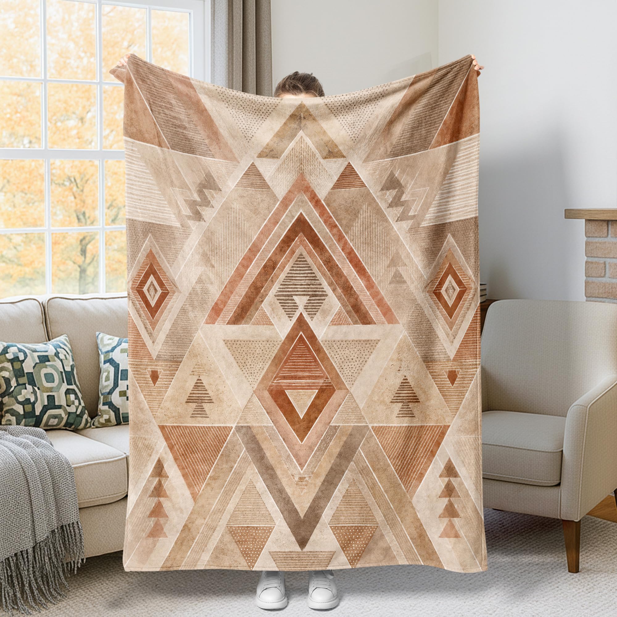Plaid triangles géométriques couverture lit canapé salon plaid bohème marron 152x203 cm