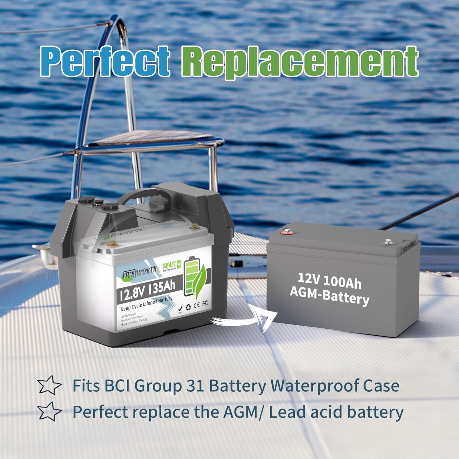 12V Lithium Battery 135Ah Bluetooth, Rechargeabel Deep Cycle LiFePO4 Batteries, 100A Smart BMS with Low-Temp Protection, Perfect for RV, Solar, Boat, Marine, Trolling Motor