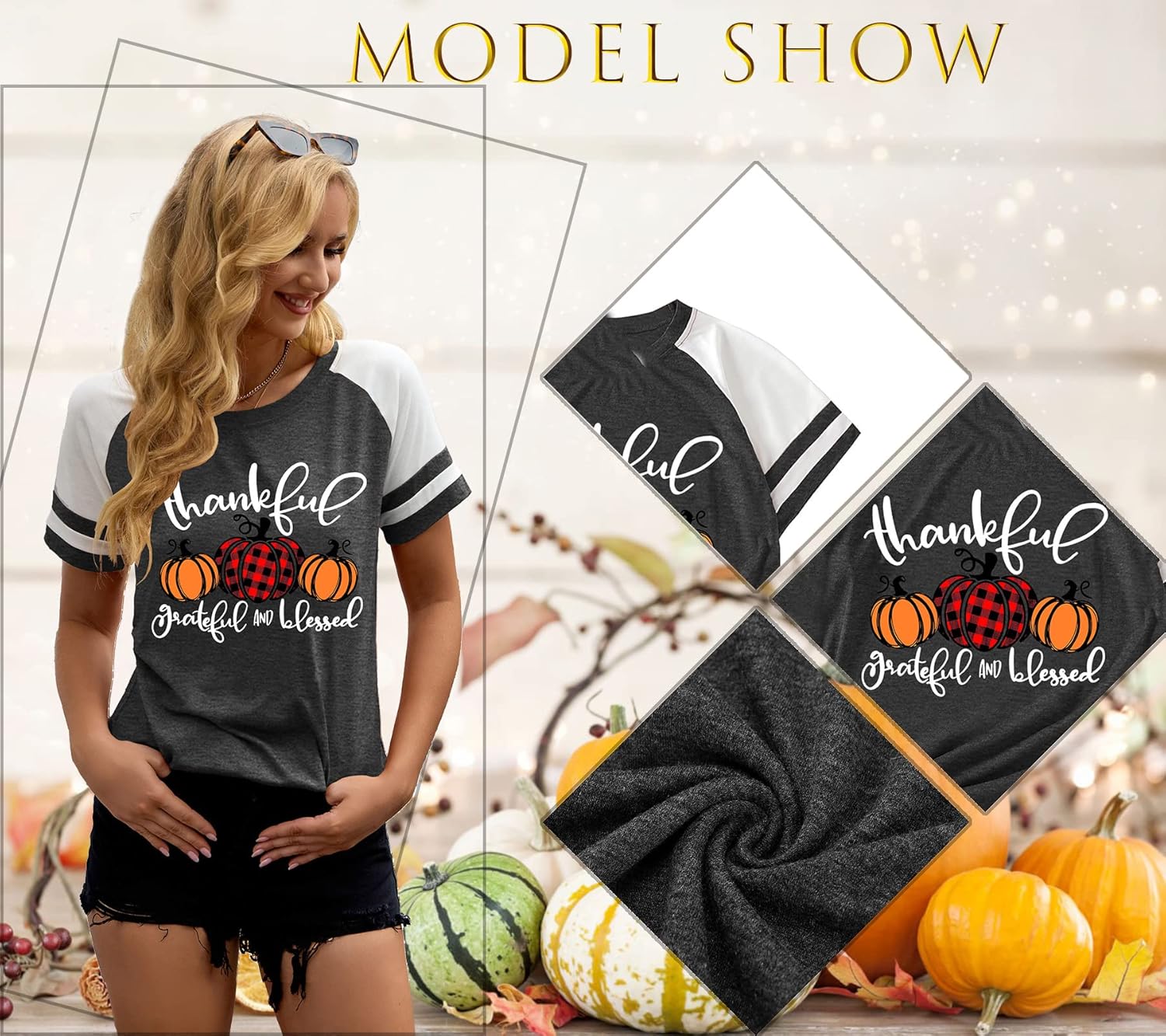 Thankful Grateful Blessed Shirts Women Thanksgiving Pumpkin T-Shirt Raglan Short Sleeve Fall Tshirts - Image 3