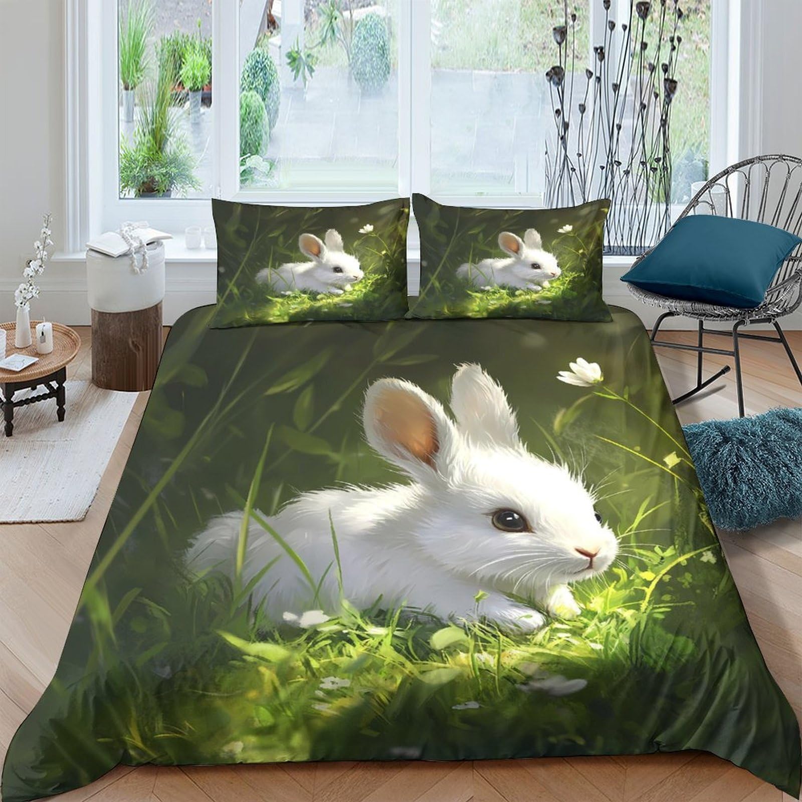 TUFRTGYHN 3D Printed White Rabbit Duvet Cover Microfiber Soft Breathable Grass Meadow Bedding Set with 2 Pillowcases for Bedroom Decor Single（135x200cm）