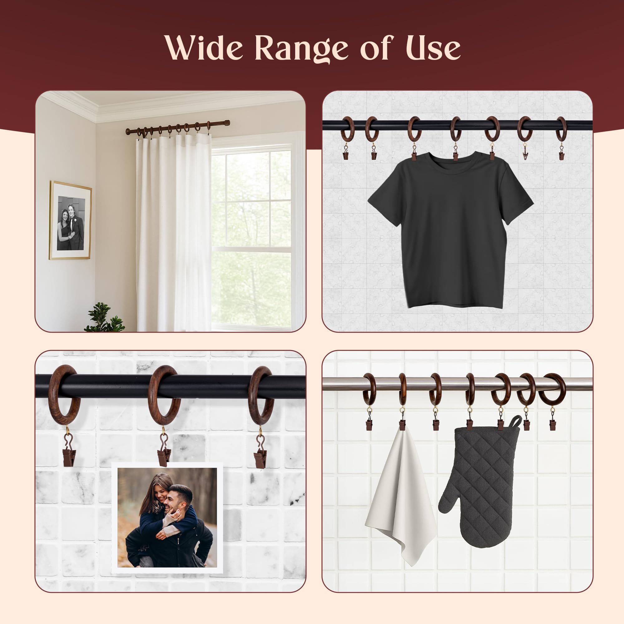 Lot de 48 anneaux de rideaux en palissandre fabriqués à la main avec clips – 6,3 cm extérieur et 4,4 cm de diamètre intérieur – Anneaux de draperie en bois lisse avec clips métalliques pour tringles à