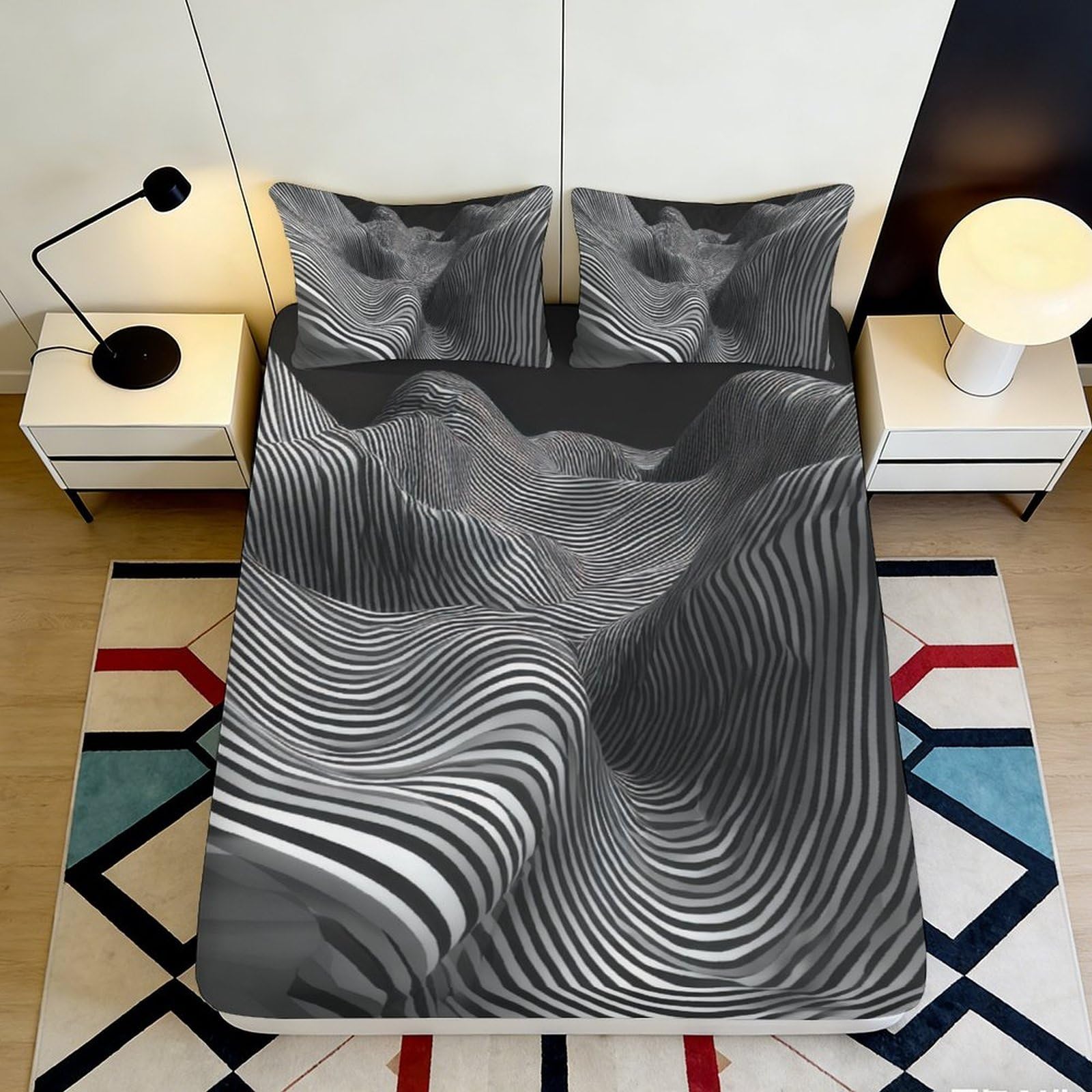 Jqzkxnhpbr Style-9 3D Printed Abstract Monochrome Wave Fitted Sheet Microfiber Modern Art Stripe Bed Cover For Bedroom Guest Room 90X200x25cm