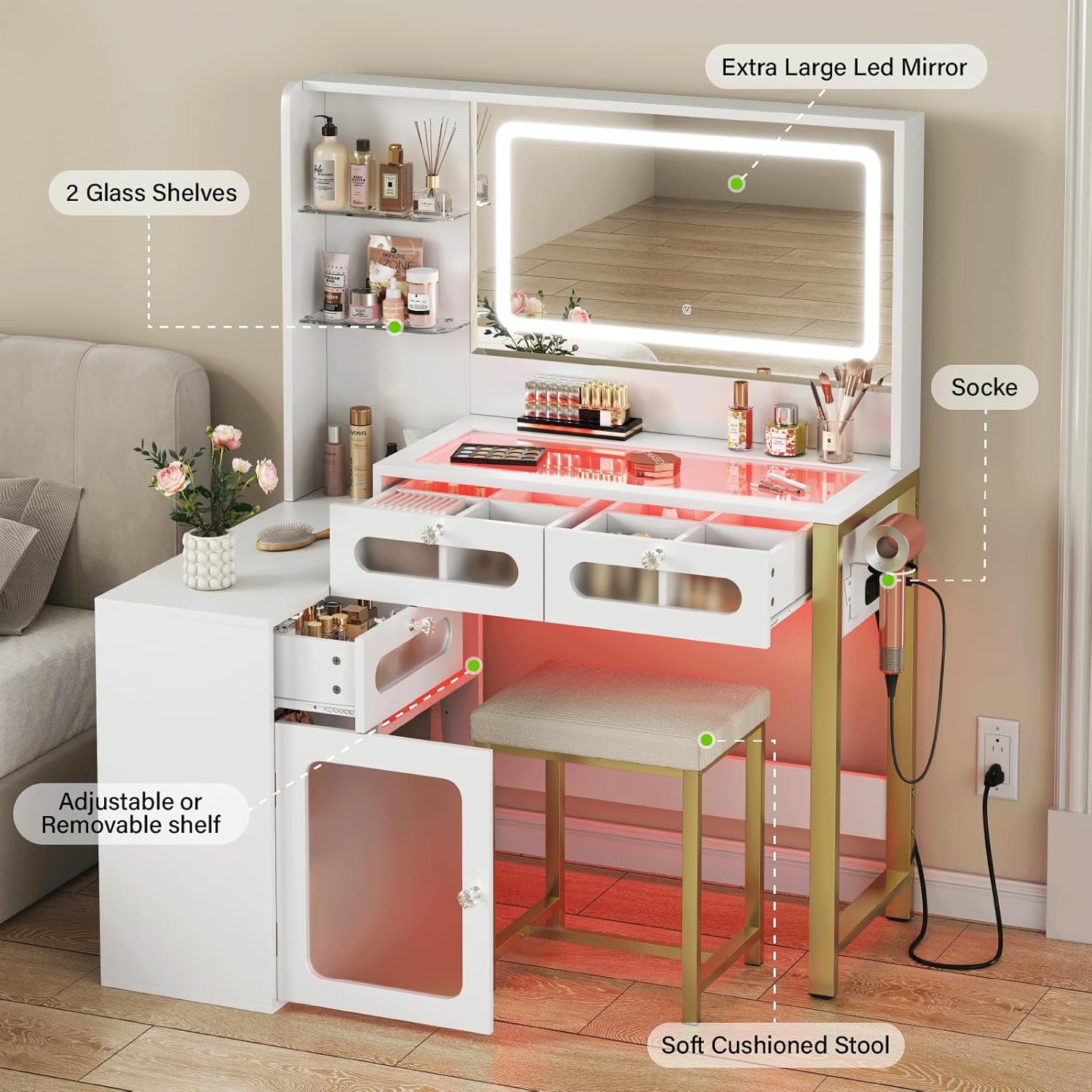 Exploded view of CollaredEagle Vanity Desk features