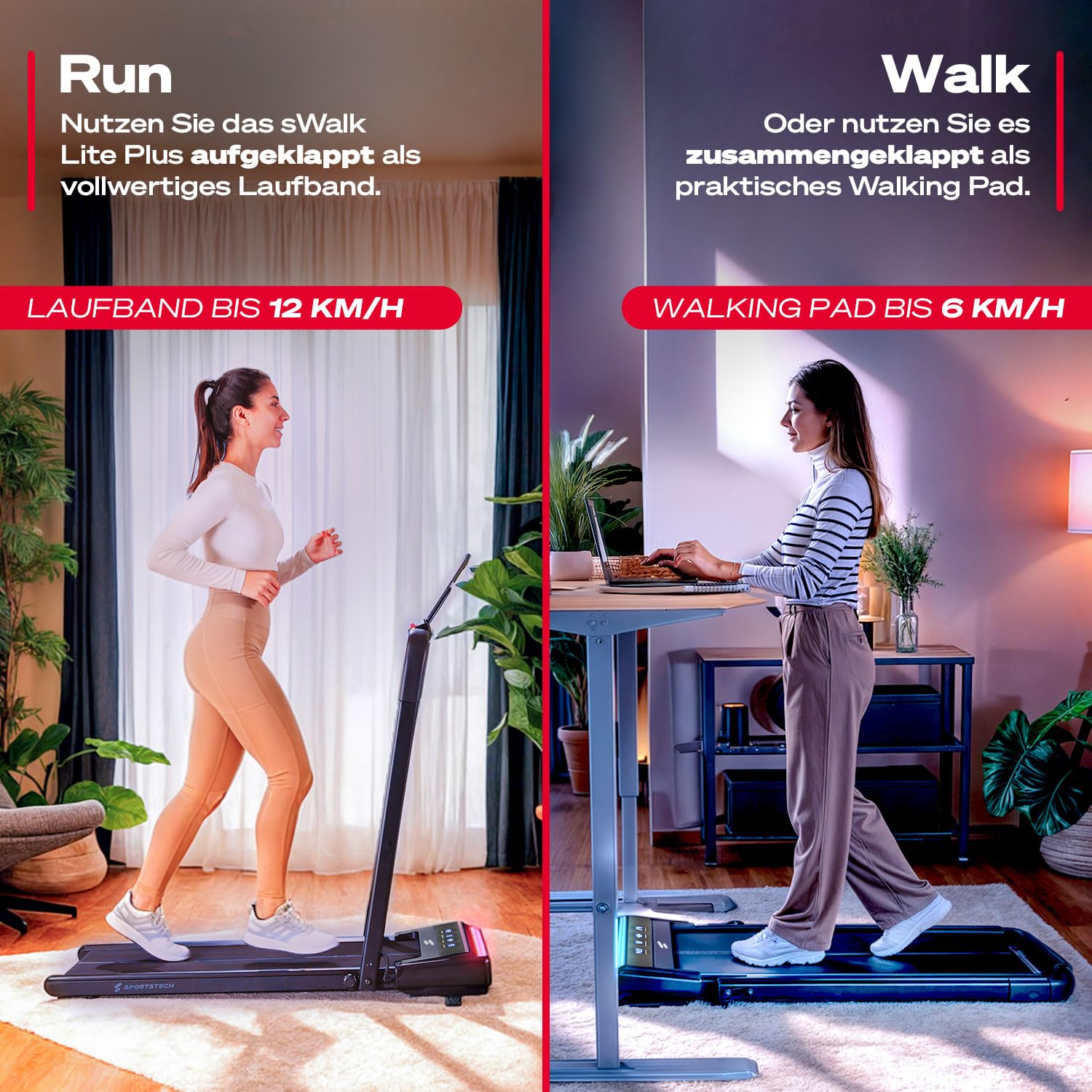 Sportstech sWalk Lite Plus Walking Pad Laufband für Zuhause, 2 in 1 klappbar, bis 12 km/h Treadmill & 6 km/h Walkmodus, manuelle Steigung, App-Steuerung, LED-Anzeige, Fernbedienung, bis 120 kg, leise