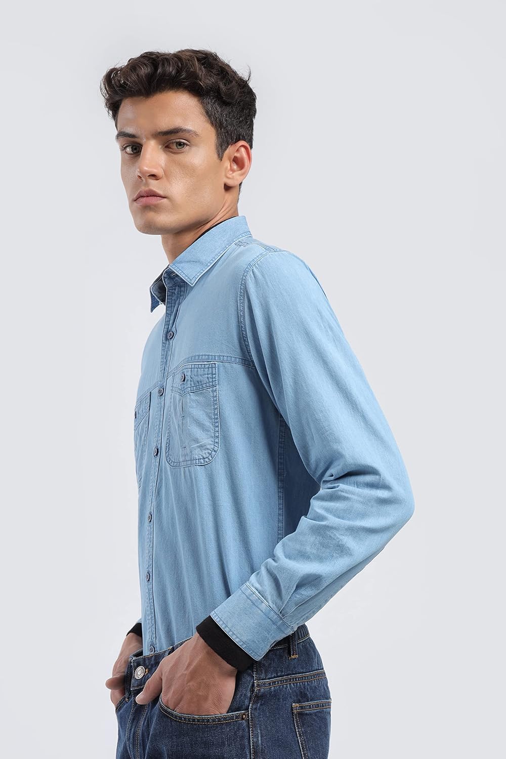 Noggah Solid Blue Full-Sleeves Classic Collared Denim Shirts for Men, Unique and Stylish Double Denim Look, Excellent and Cosy fit, Long Lasting Without Fading, for handwash only, Occasions 4 81wi++C4CtL. SL1500