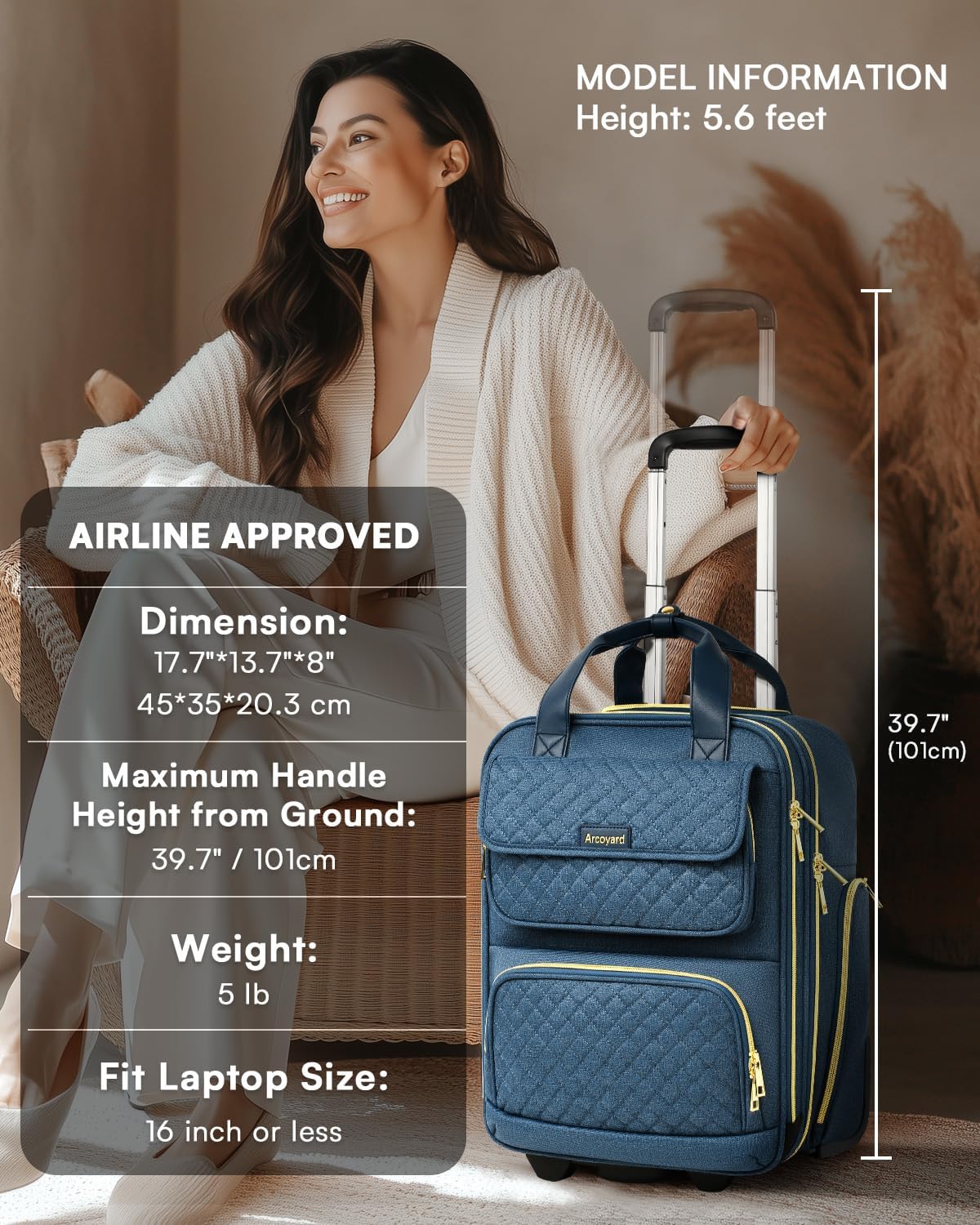 Arcoyard Underseat Carry On Luggage with Wheels, Airline Approved Personal Item Luggage, 16-Inch Multi-functional Underseat Luggage, Lightweight Overnight Suitcase for Women, Bussiness, Travel, Blue