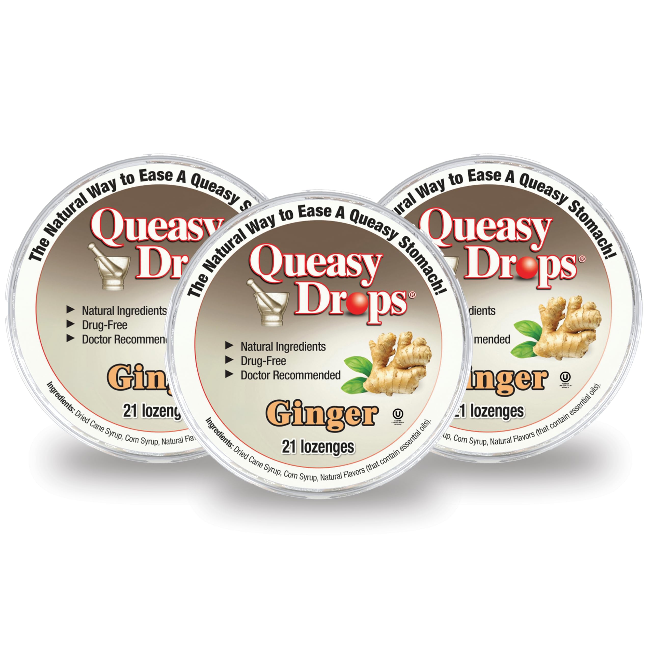 Three Lollies Queasy Drops - Ginger Flavor - Relief from Nausea &amp; Travel Sickness, Soothes a Dry Mouth &amp; Settles Stomach - Natural Ingredients - 21 ct (Pack of 3)