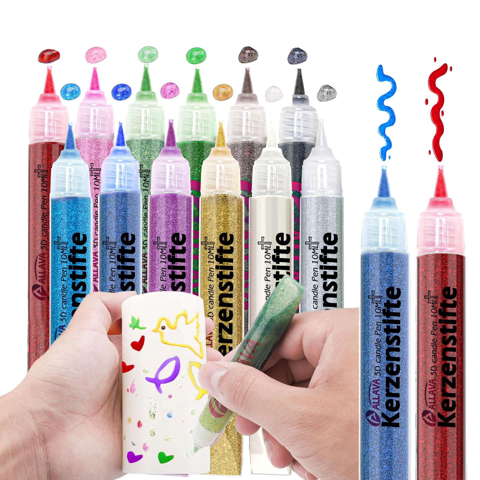 ALLAVA 12 Stück Kerzenstifte, Glitzerstifte 10ML, Kerzen Bemalen Set Wachsstifte, Candle Pen Kerzenfarbe KerzenpenIdeal zum Kerzen Dekorieren & Gestalten (Glitzernder Goldstaub) Küche, Haushalt & Wohnen