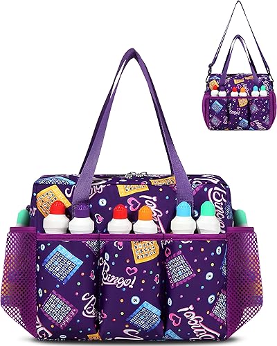 Bolsa de bingo morada con bolsillos para accesorios de bingo, bolsa de bingo para artículos de juego de bingo, bolsa de bingo para marcadores de