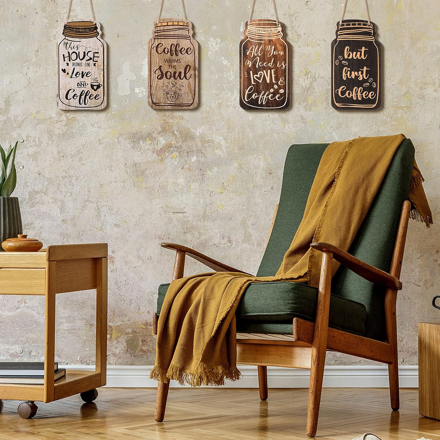Jetec 4 Pcs Coffee Bar Wooden Wall Sign, Mason Jar Hanging Decor, Classic image 4