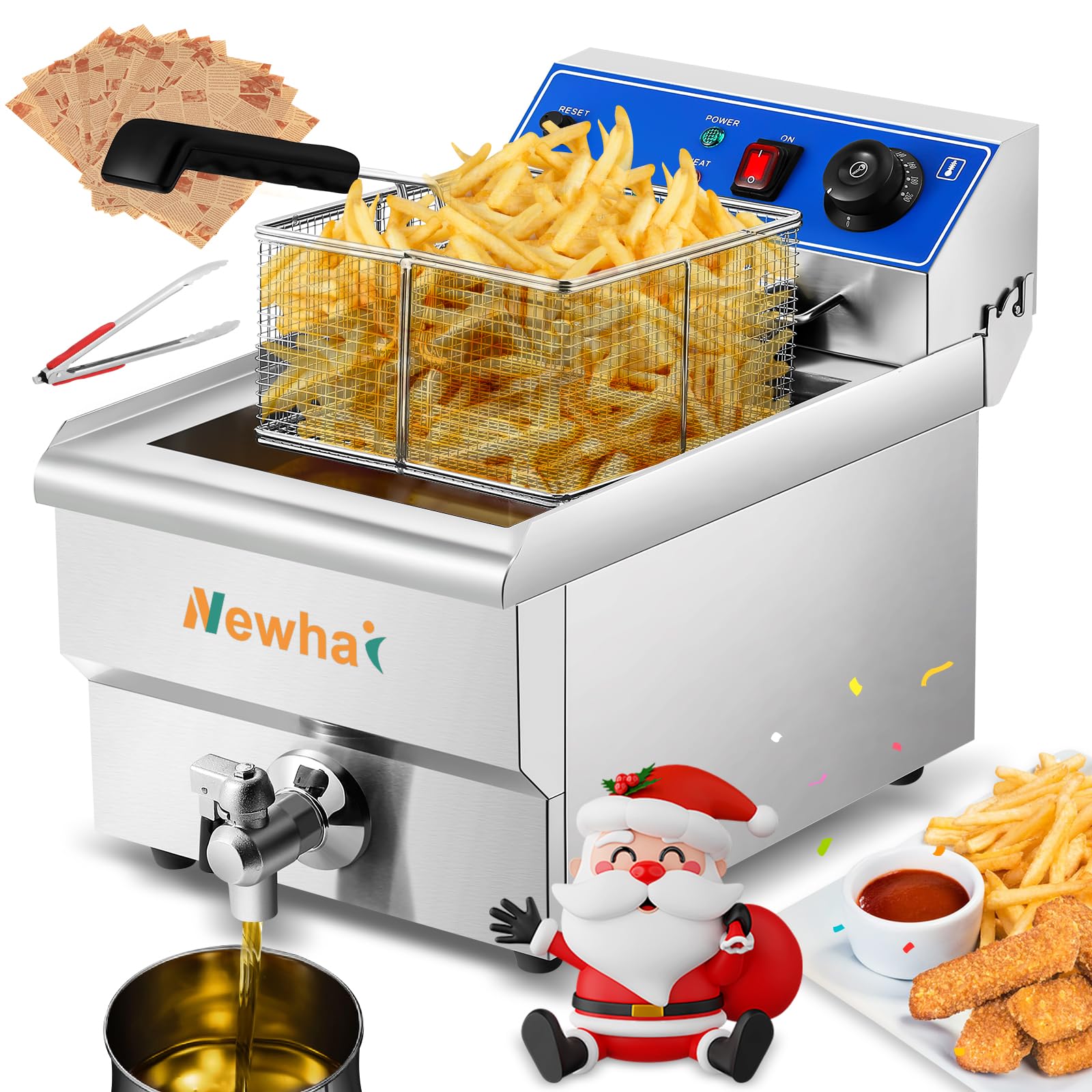 Newhai Electric Deep Fryer 13.7QT Commercial Countertop Frying Machine with Basket Stainless Steel for Restaurant Home 1500W 110V