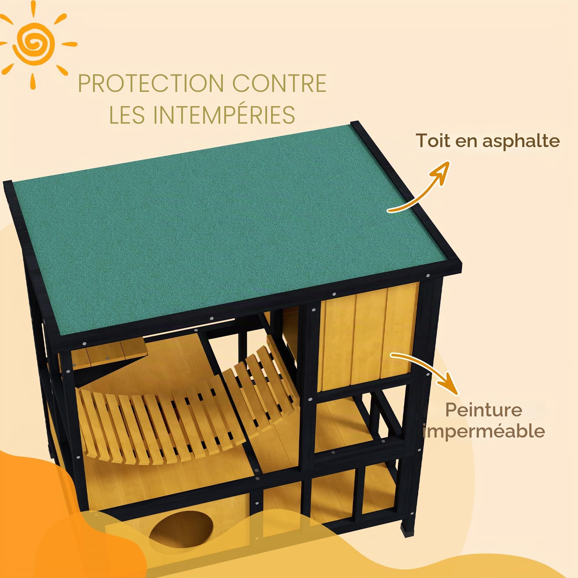 PawHut Maison en Bois imperméable pour 1-2 Chats Jaune 84.5x60x88cm