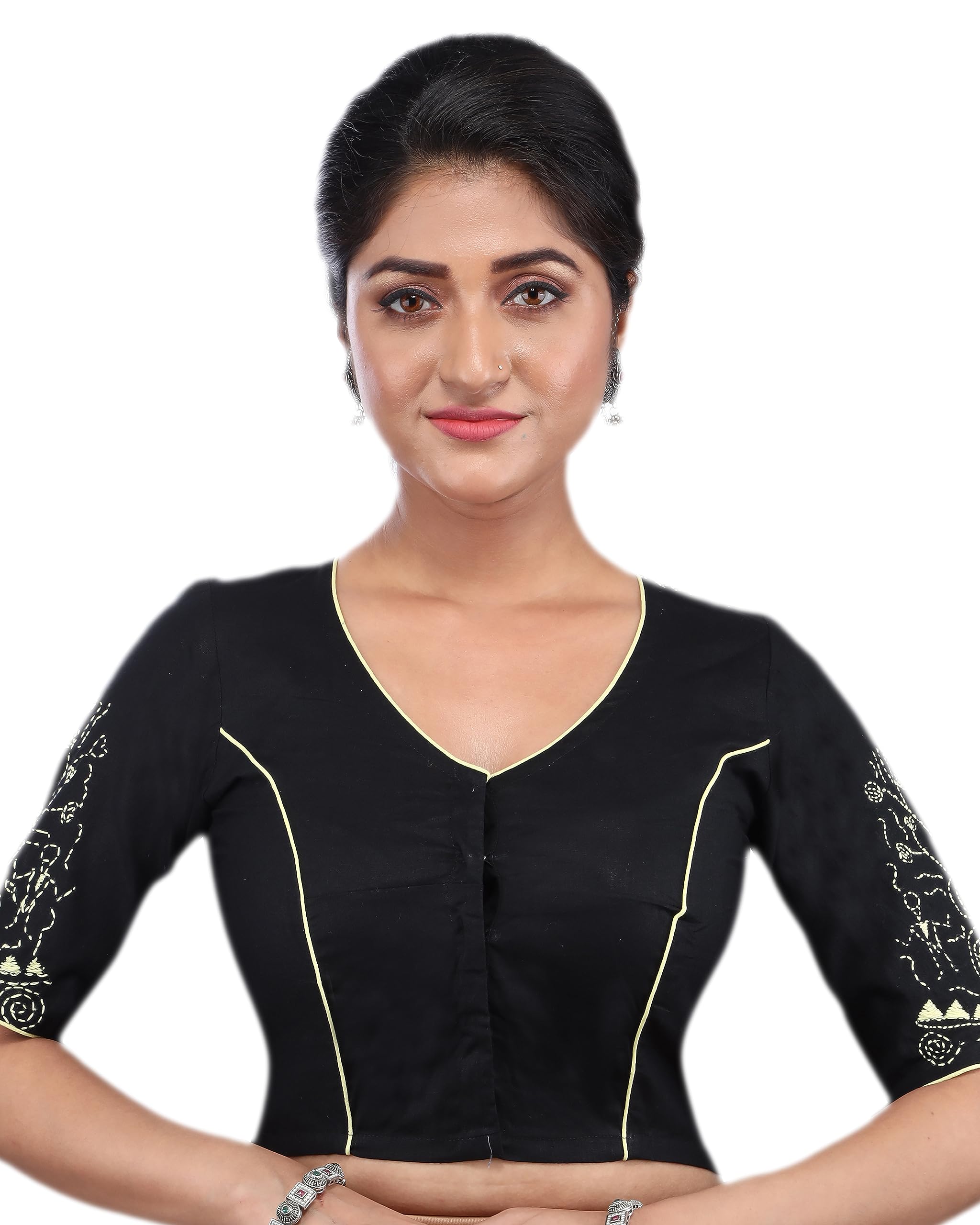 Kantha Stitch Hand Embroidered Design Black Color Cotton V Neck Front Hook and Eye clouse Elbow Length Sleeves Latest Trendy Festive and Party Saree Blouse for womenes