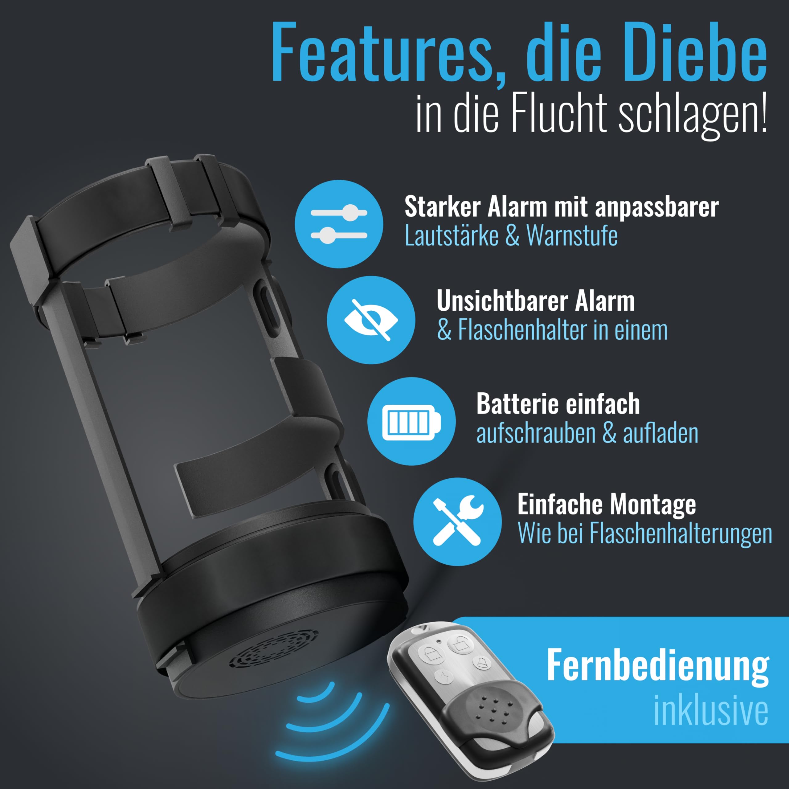 Parkwächter B1 Fahrrad Alarmanlage mit Flaschenhalter – AirTag Halterung, IP55 wasserdicht – Alarmanlage Fahrrad Diebstahlschutz – für E-Bike und Citybike – Schwarz