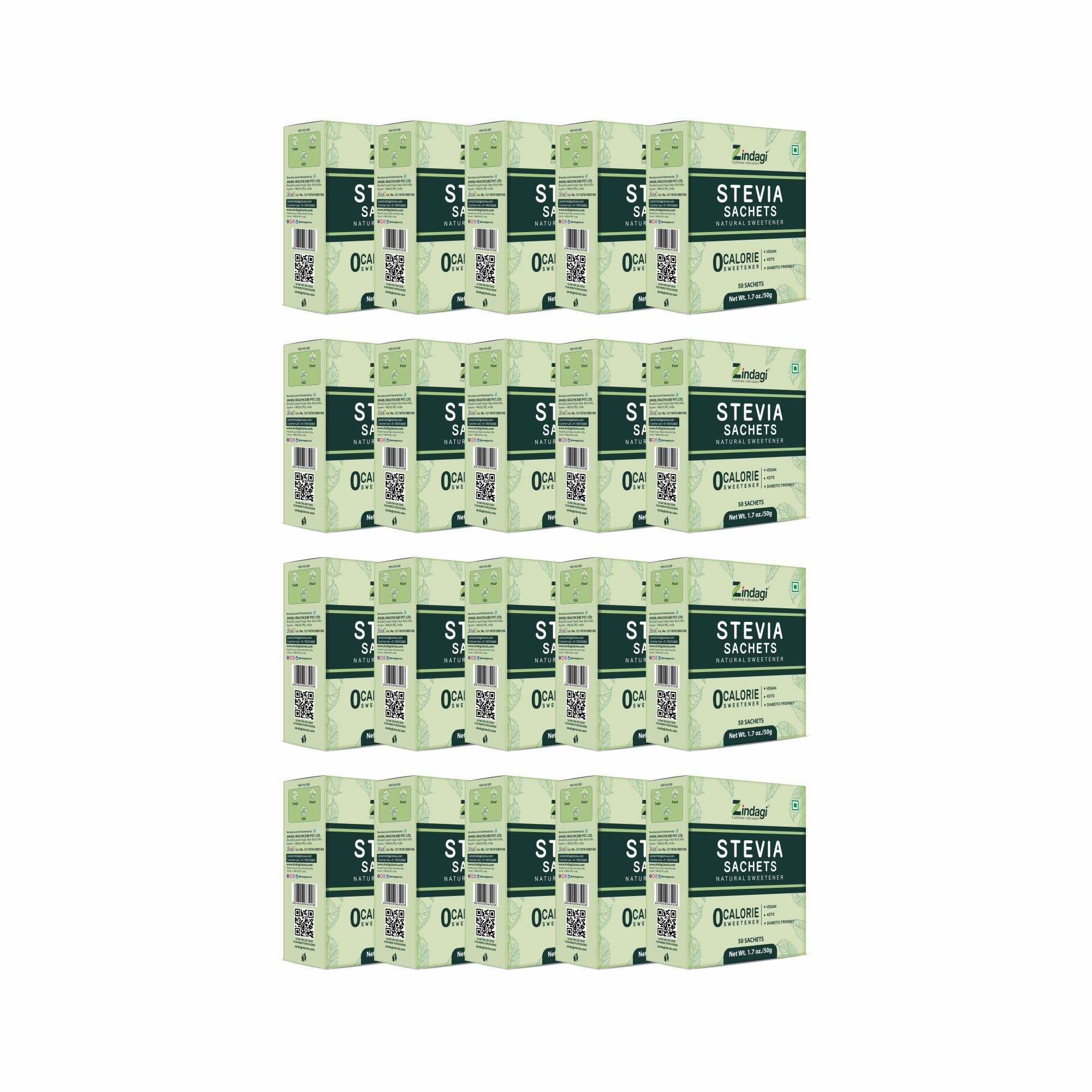 Zindagi Stevia White Powder 50 Sachets - 100% Natural Sweetener - Sugar-Free - Zero Calorie Sweetener (Pack of 20)