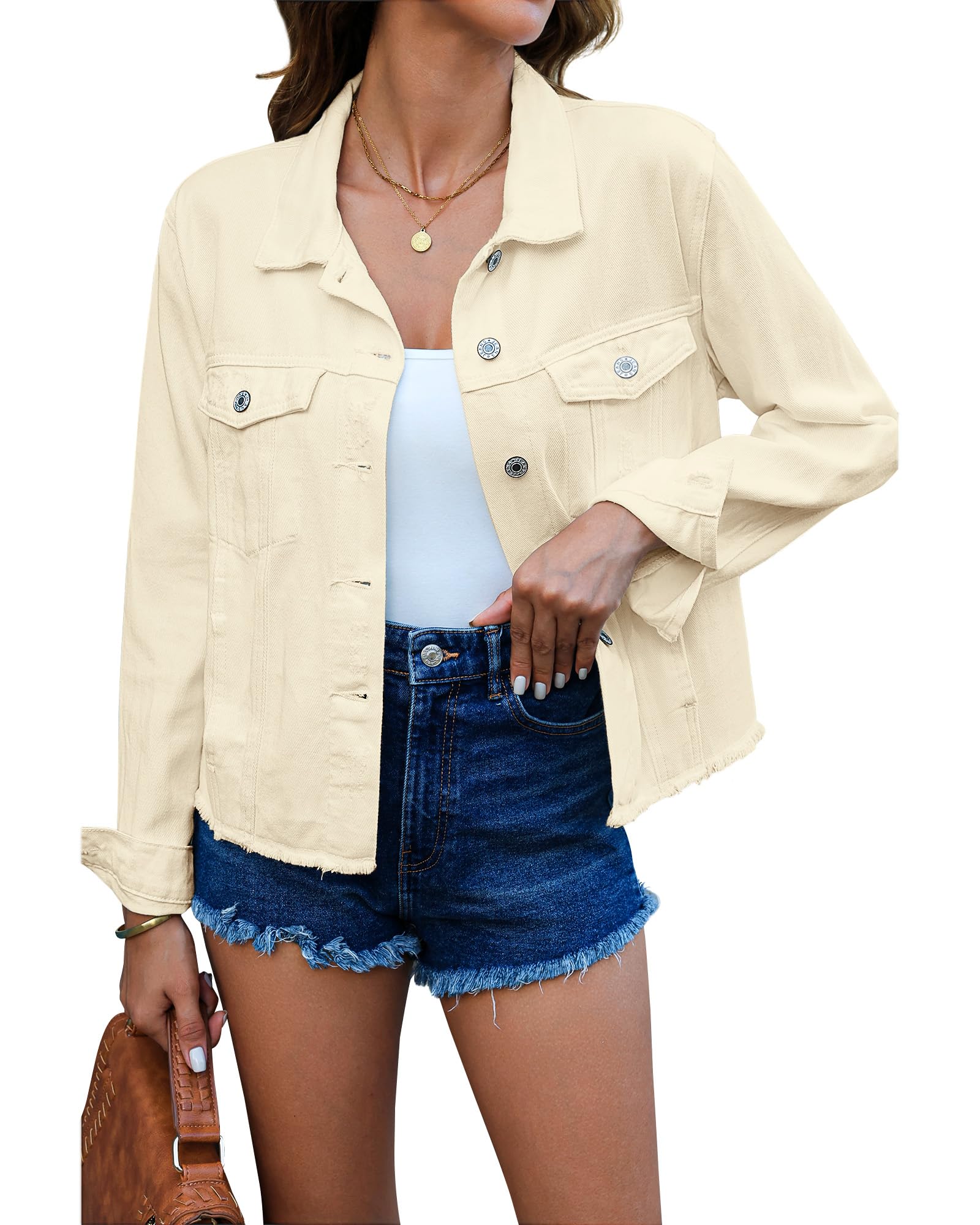 luvamia Denim Jacket for Women Distressed Jean Jackets Button Up Vintage Western Trucker Jacket Frayed Hem Pockets