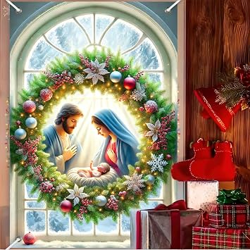 BlissYard Nativity Holy Family Christmas Window Banner 31x47 Cloth | Xmas Curtain Holiday Poster Winter Wall Hanging Decor Festive Display for Home Church Window with Holy Family Jesus Birth